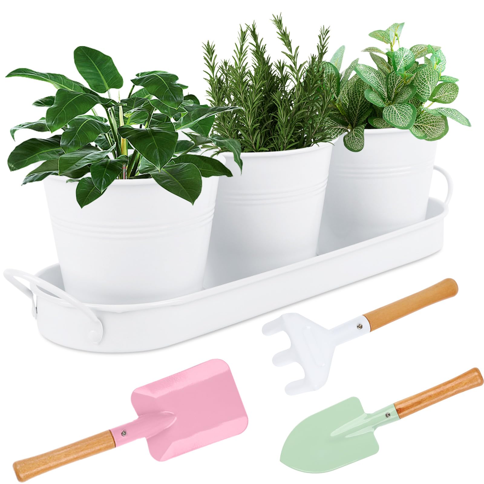 Linzenter Indoor Herb Garden Set of 3 with Tray and 3 Types of Gardening Tools, Metal Plant Pots Herb Garden Planter Kit with Drainage for Plants (White)