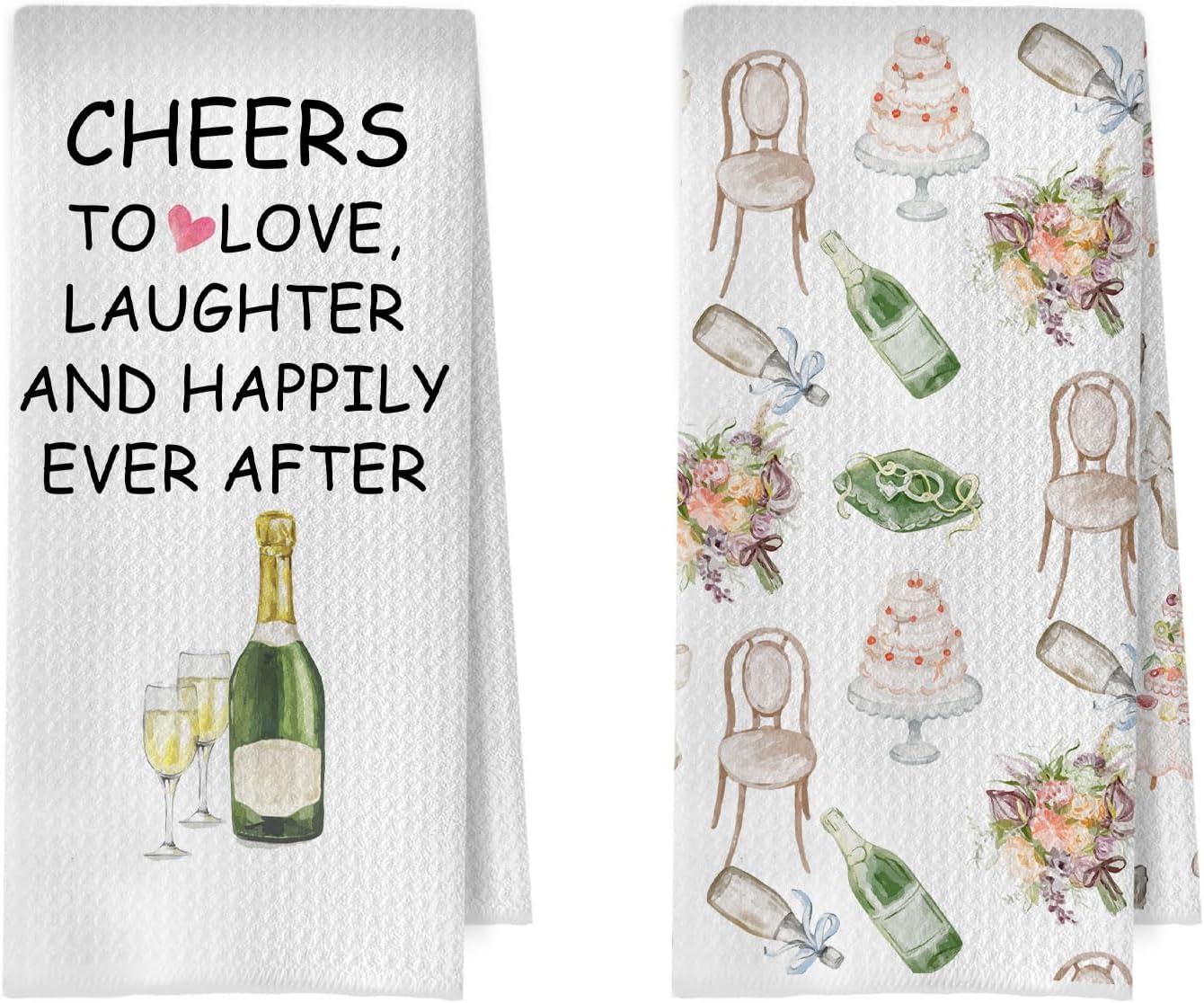 Wedding Gifts Kitchen Towel Set - Bridal Shower Champagne Gifts Decorative Waffle Dish Towels, Just Married Hand Towels, Party Bar Tea Towel, 16x24 Inch Set of 2