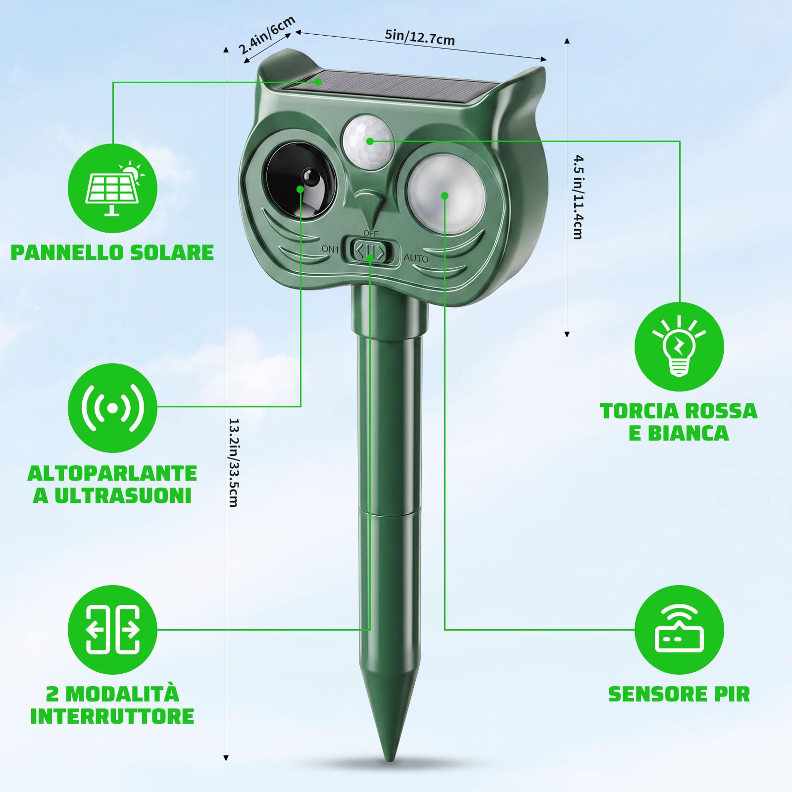 2 Pezzi Dissuasore Gatti Ultrasonico Solare Giardino 2026 | Repellente Volpi con 2 Modalità e Luce LED, Dissuasori Cani IP45 Impermeabile 120° per Gatto Cane Volpe Cervo