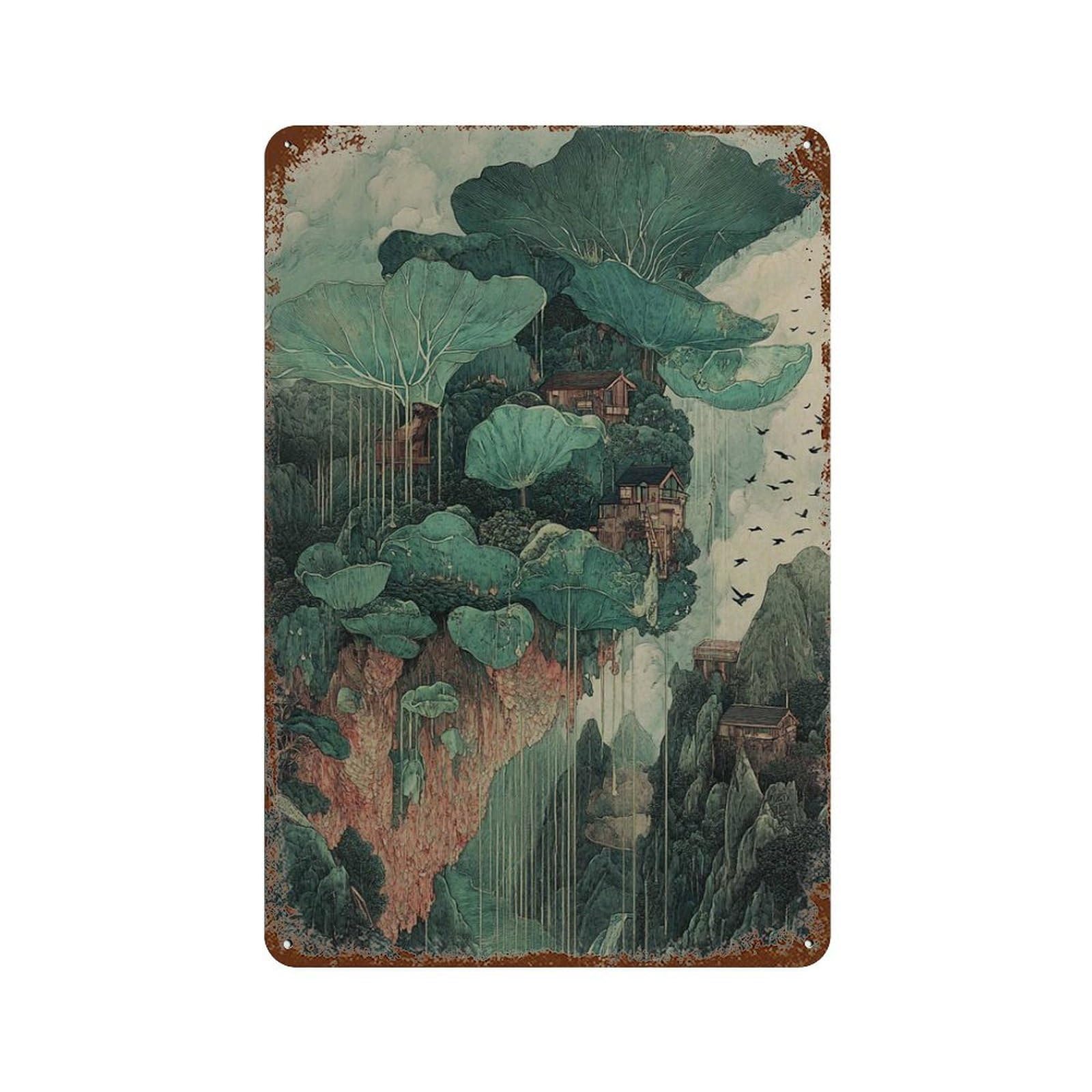 xiaoxiaoshen Floating Forest Village Enchanted Landscape Mystical Nature Wall Decor Art Metal Tin Poster Modern Home Decor Art Home Bar Shop Decorations Vintage Sign 30x20cm