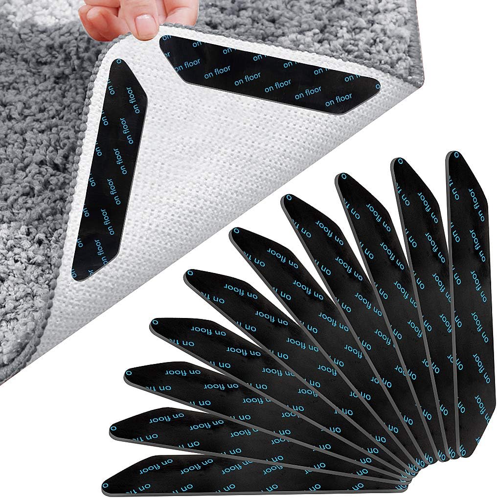 Anti-Slip Rug Gripper 10 Piece Set - Reusable Carpet Corner Stickers for Wooden and Hard Floors, Anti Curling Tape to Keep Carpets in Place-Black