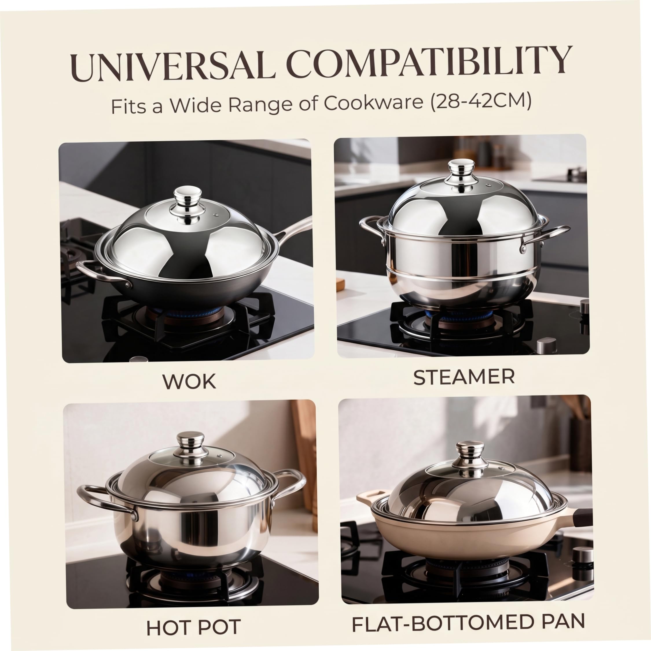 Copertura per Wok, copertura per imbastitura in acciaio inossidabile 304 a cupola alta, coperchio per Wok adatto a pentole interne da 32-33, 5 cm, argento