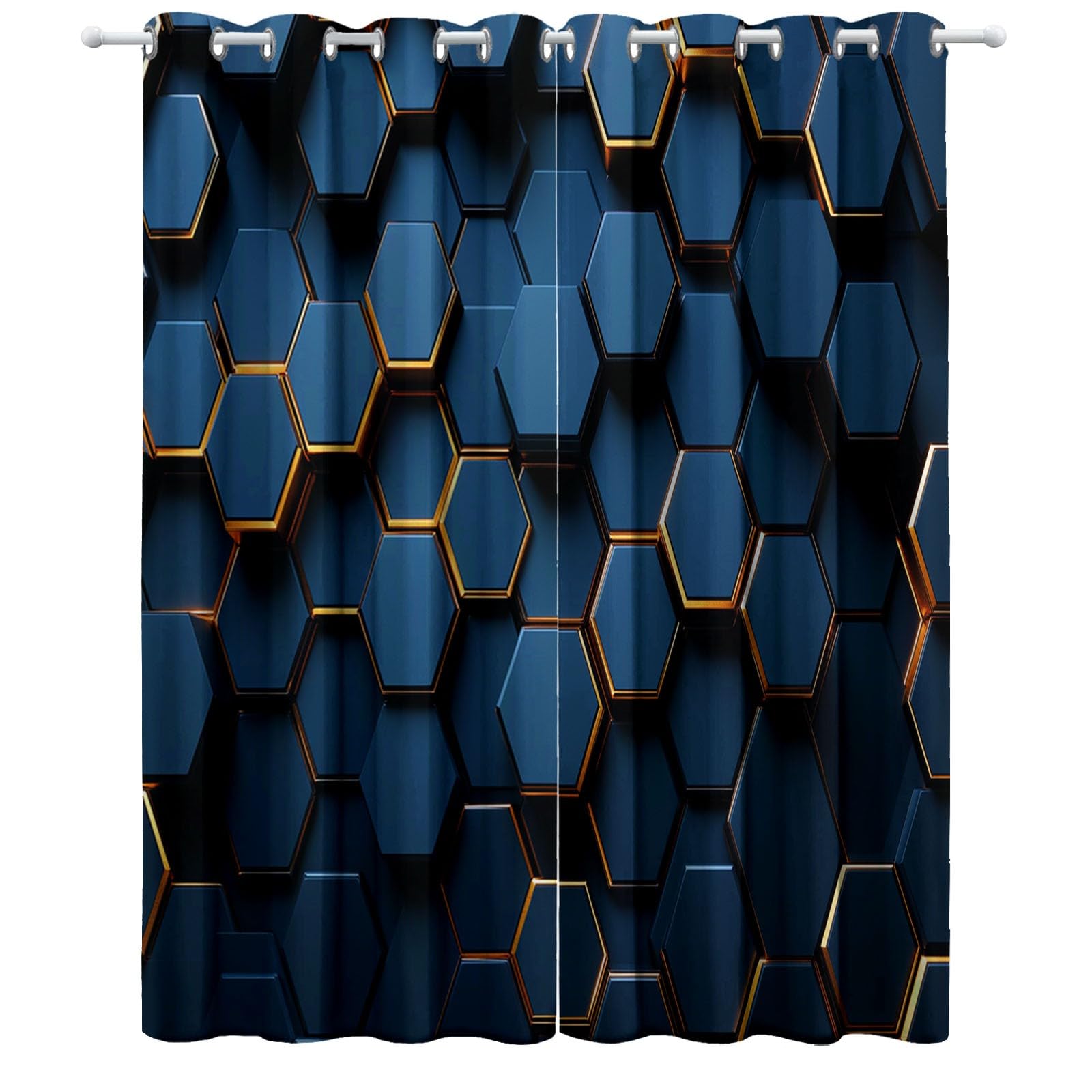 Dziecięca geometryczna zasłona zaciemniająca sześciokąt o strukturze plastra miodu 117 x 229 cm Zestaw 2 zasłon z nadrukiem do salonu, kuchni, dekoracji wnętrz, zasłon i zasłon z oczkami, granatowa