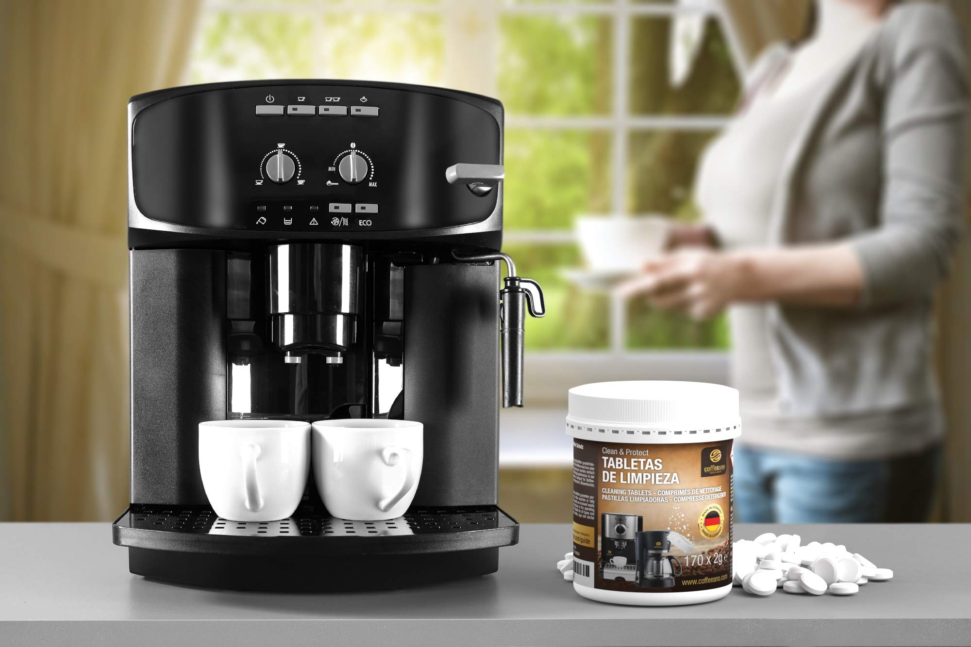 170 pastillas limpiadoras Coffeeano Clean&Protect para cafeteras automáticas y cafeteras. Pastillas limpiadoras aptas para todas las marcas y electrodomésticos. Incluye un libro electrónico
