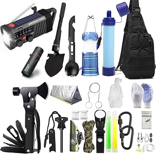 Survival Kit,Außen Notfall Set,mit Wasserfilter,Multi-Tool Hammer Axt,Solarradio,Notfallset Wandern für Outdoor Camping, Abenteuer, Wandern