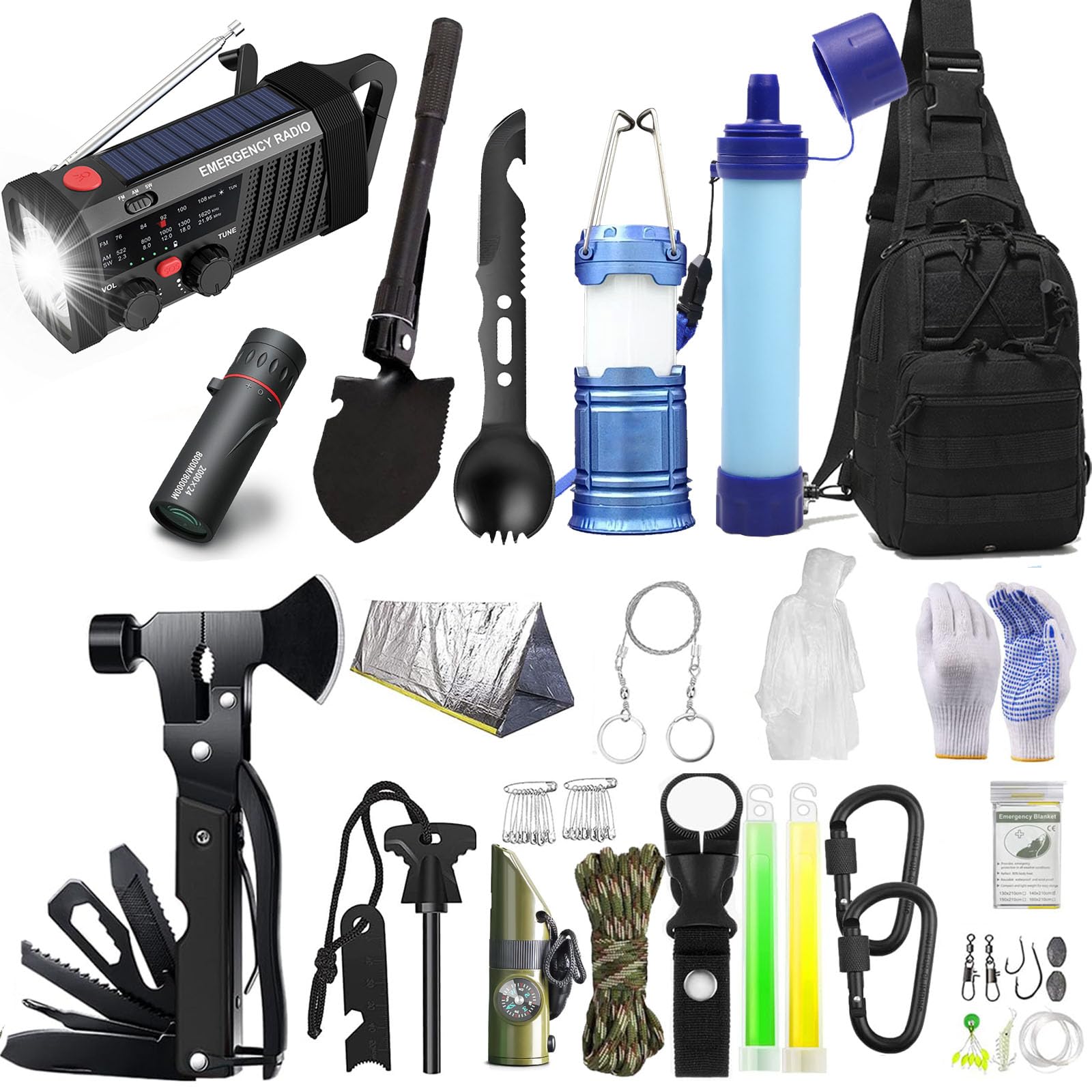Kit de Survie,avec Radio Solaire,Hache, Abri, Poncho, Allume-feu, Scie Câble pour Outdoor, Randonnée, Urgence, Bushcraft（Modèle Sac à Dos）