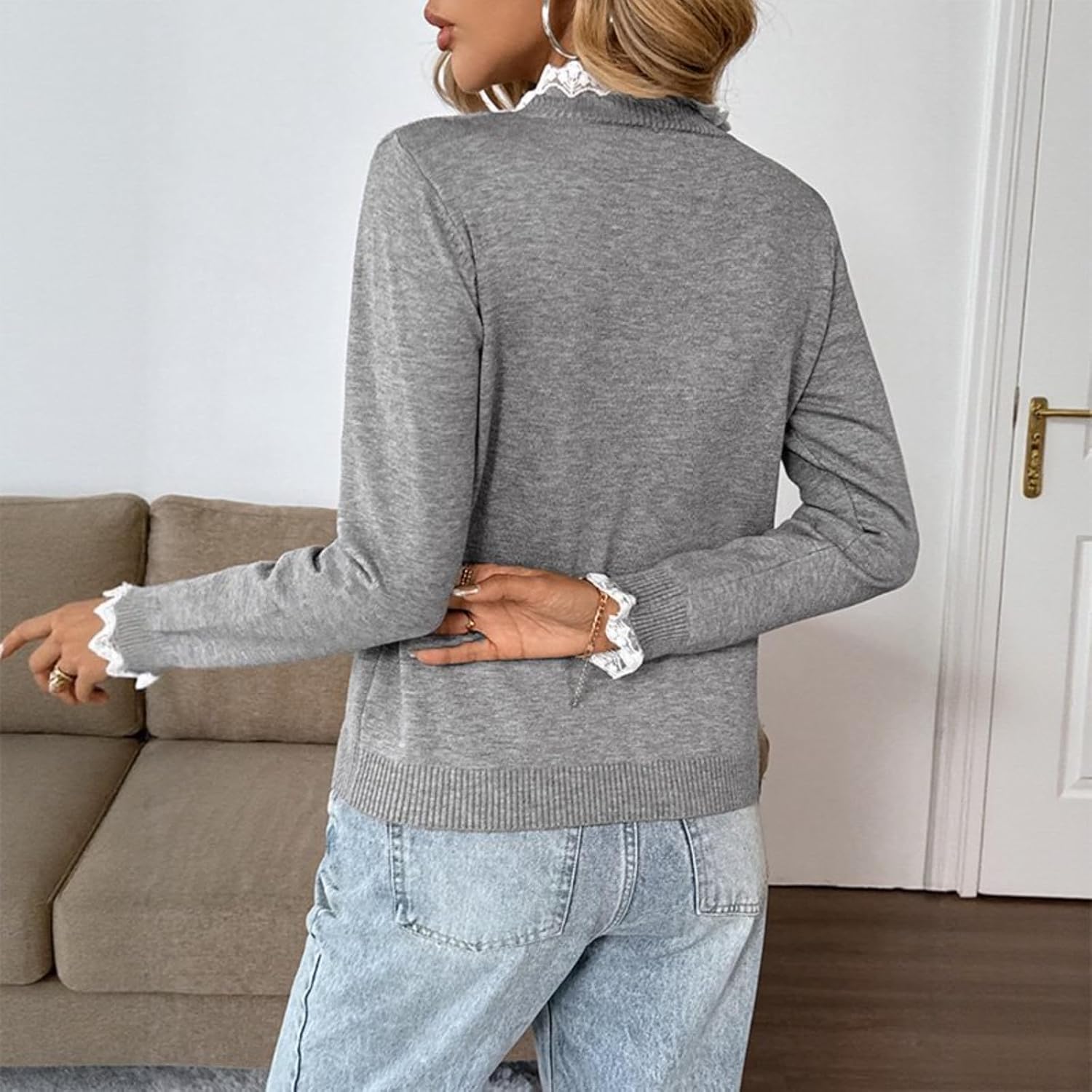 Women’s Lace Trim Knit Sweater Pullover – Lightweight Mock Neck Button Front Long Sleeve Fitted Top