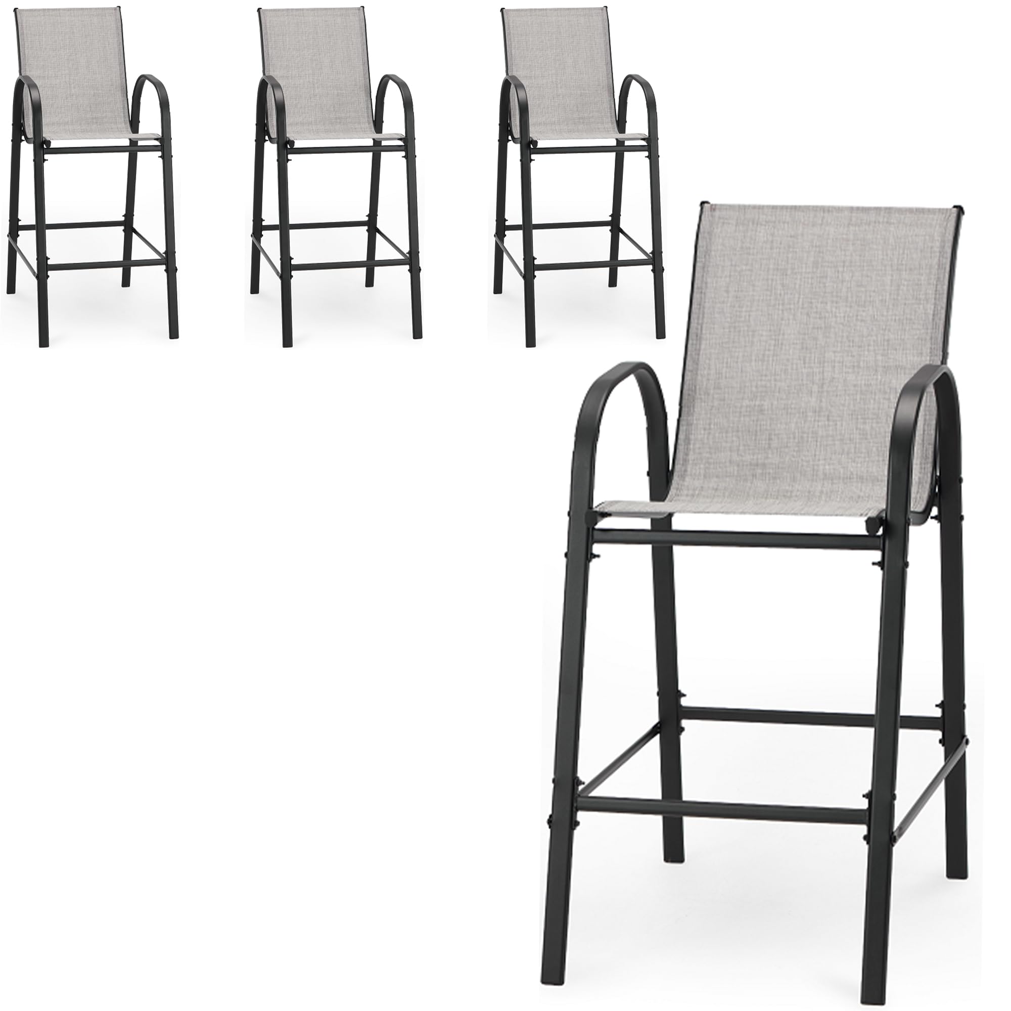 HOMREST Outdoor Bar Height Stools Set of 4,High Back Patio Chairs with Armrests,Textilene Chairs with Breathable Fabric &amp; Metal Frame for All Weather,Light Grey