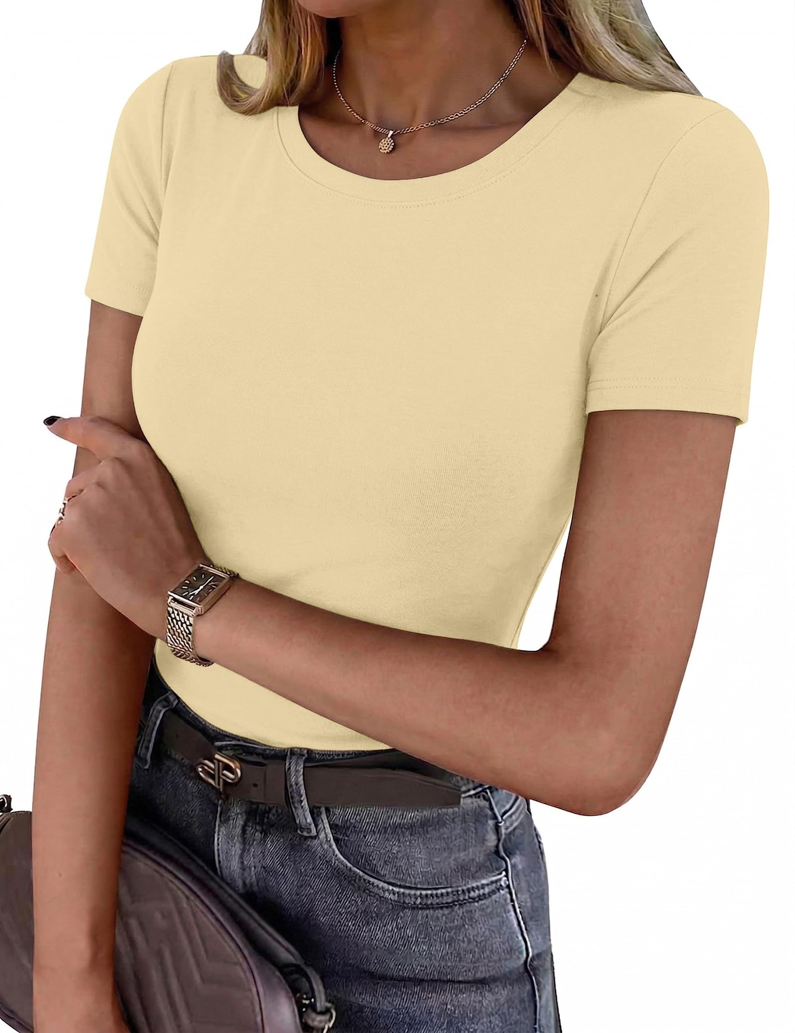 Totatuit Damen T-Shirt Rundhals Sommer Oberteile Kurzarm Basic Tee Shirts Elegant Slim Fit Tshirt Stretch Tops Einfarbig