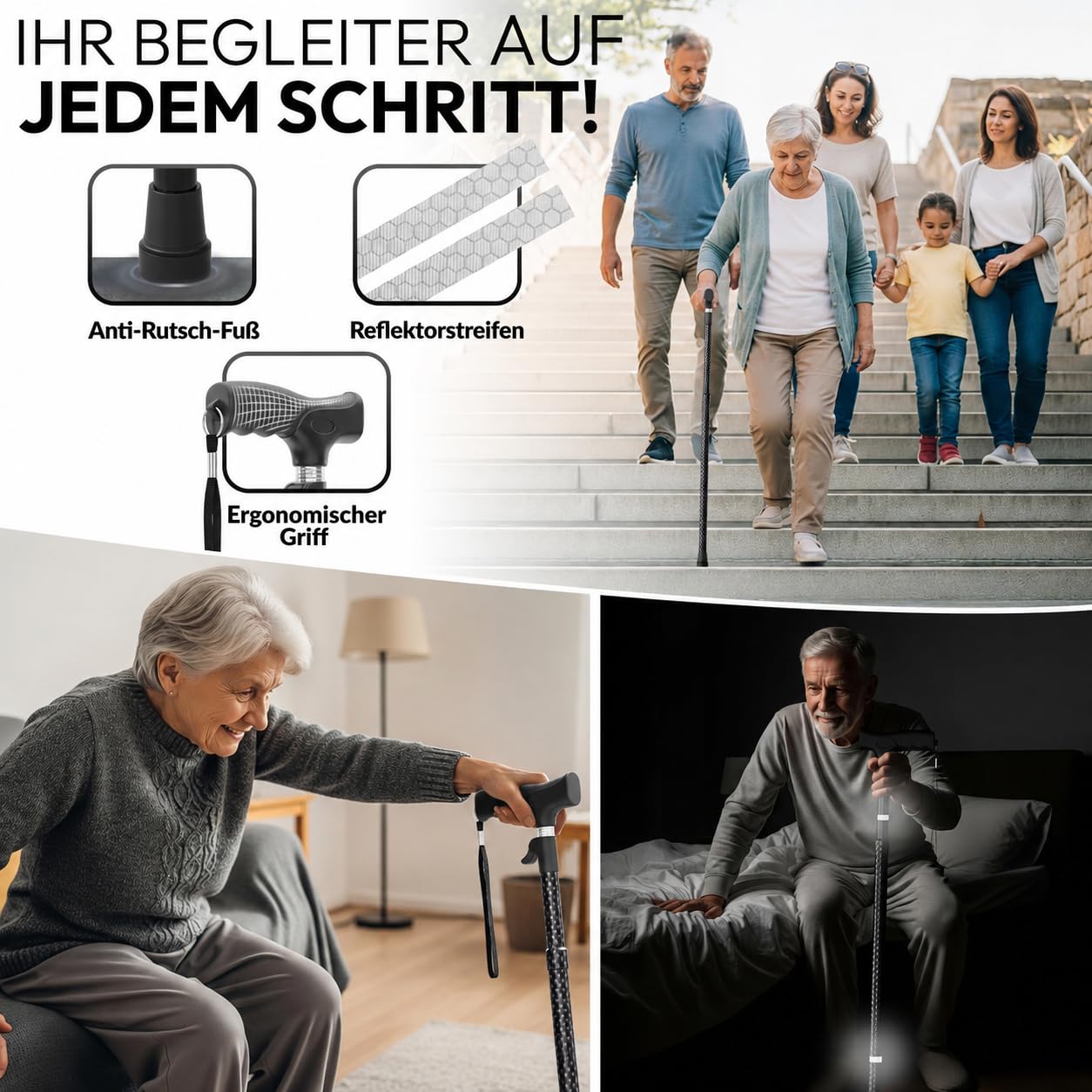 Gehstock Damen Herren – automatisch aufklappbar, höhenverstellbar 65–102 cm | Leichte Gehhilfe für Senioren mit Klickmechanismus, ergonomischem Griff und kompakt faltbarem Design für Alltag und Reisen.