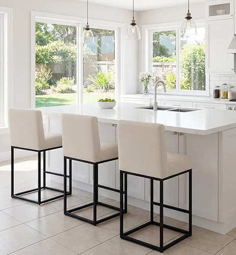 Miniatura 71 de Juego de 4 taburetes de bar contemporáneos de lino color crema, de 32 pulgadas, de tela tapizada, altura de mostrador, taburetes de cocina con base