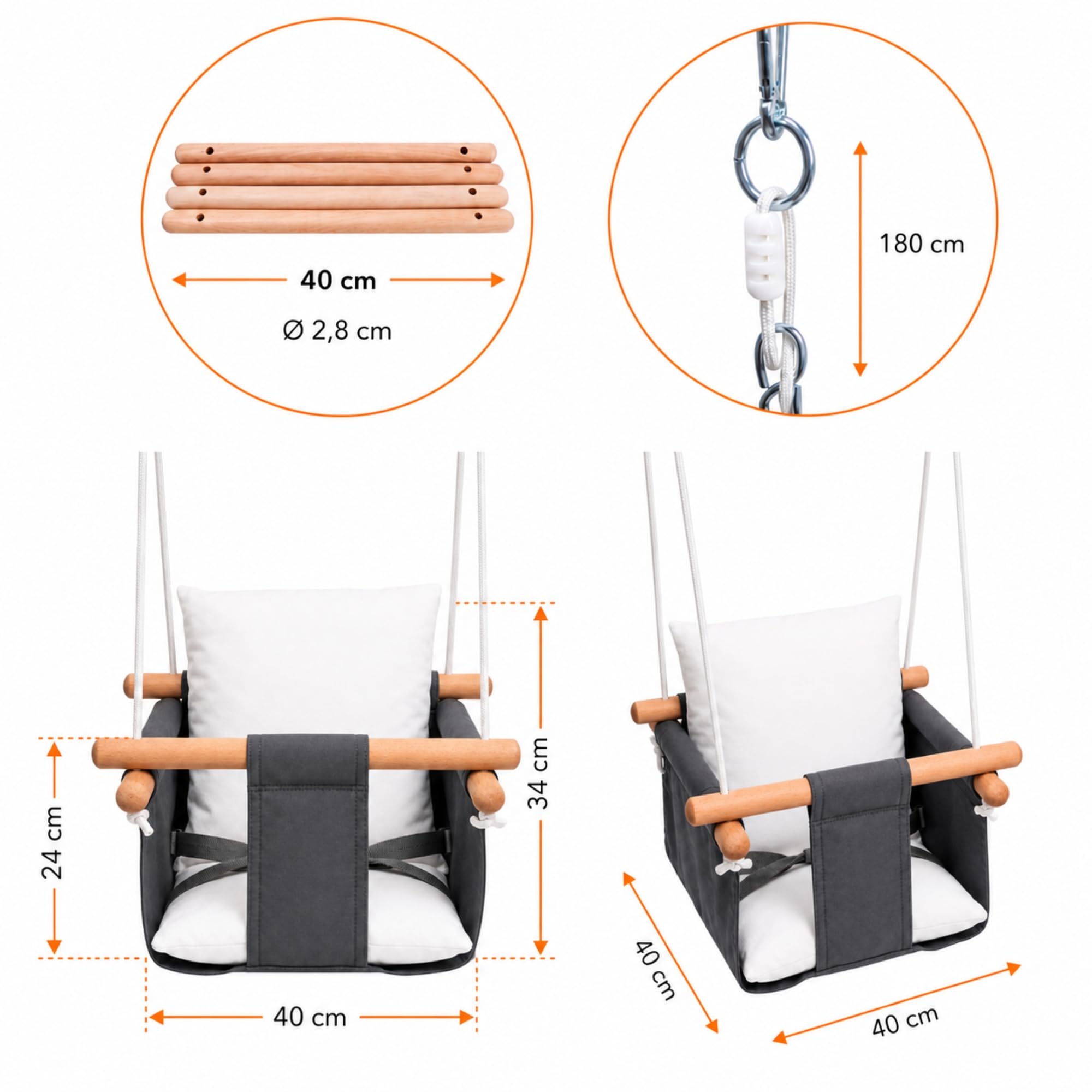 Balançoire bébé intérieur Coton Bois hêtre Blanc 30 kg | Avec ceinture de sécurité, hauteur réglable et ancrage plafond, Fabriquée en UE