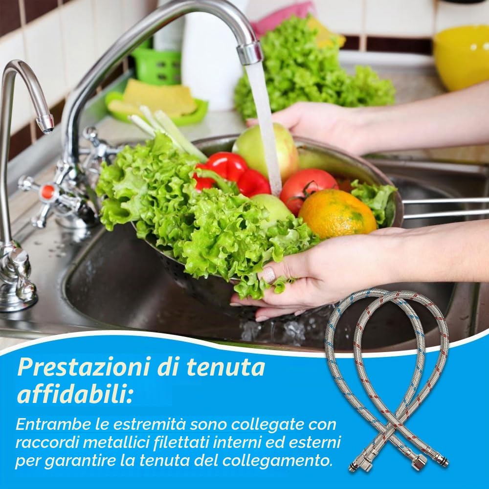 2 Pezzi Tubo di Collegamento per Rubinetto 60 cm, Flessibile per Miscelatori G3/8 x M10, Tubo Intrecciato 3/8 in Acciaio Inossidabile per Doccia, Lavandino