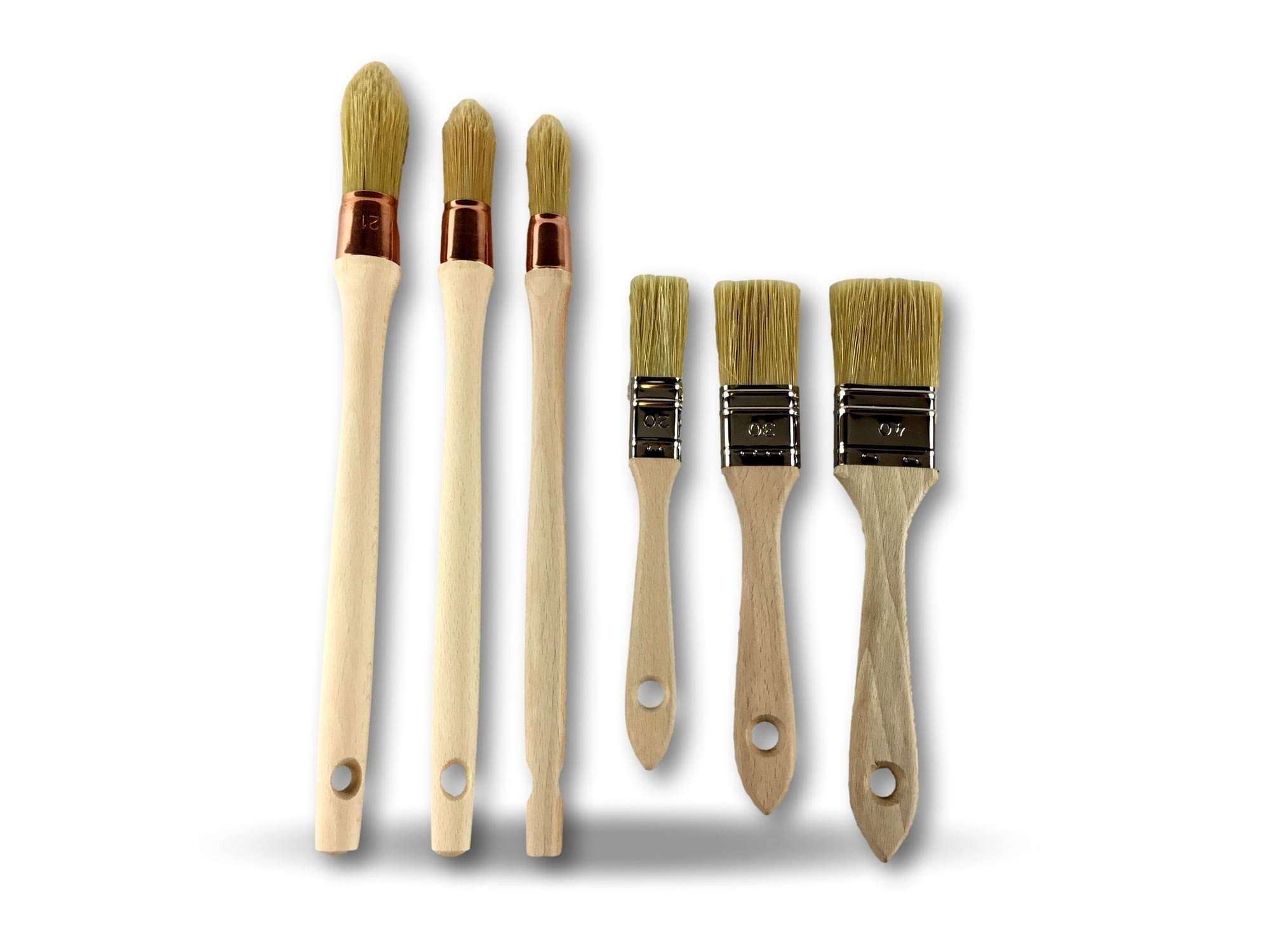 Juego de 6 pinceles de fabricación francesa | Material profesional | 3 platos para barnizar: 20-30 - 40 mm | 3 pulgadas para rechampir 15-18 - 21 mm | Cerdas de seda blanca | Kibros LOT371323_Pro