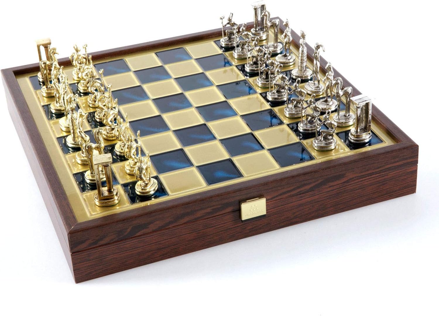 Manopoulos Minoan Period Brass-Nickel Chess Set - Wooden case Blue Brass Board
