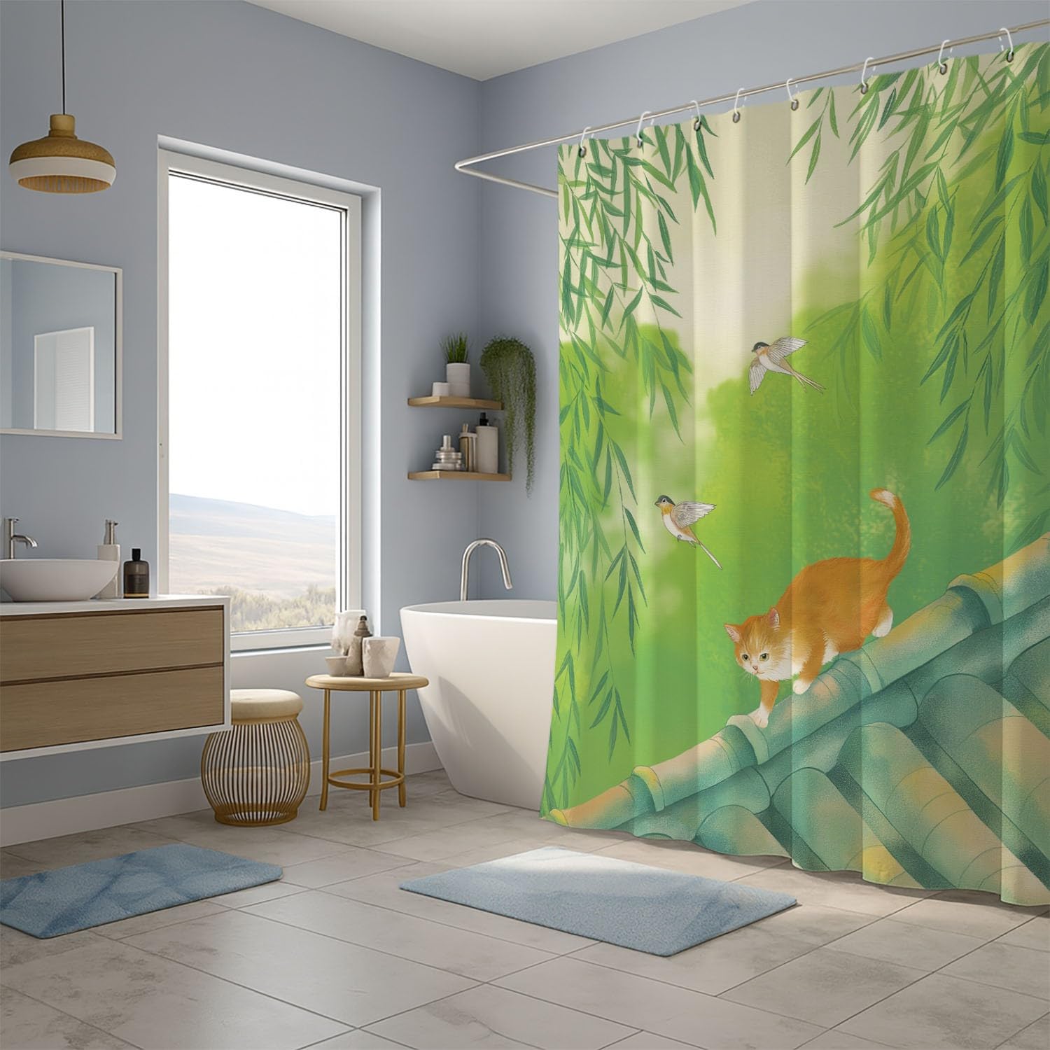 Genérico Zasłona prysznicowa 240 x 200 cm, 1 sztuka, miękka mikrofibra, wodoodporna i odporna na pleśń, zmywalna, do łazienki lub wanny, z oczkami i haczykami, zielony, kreskówka szczęśliwy kot