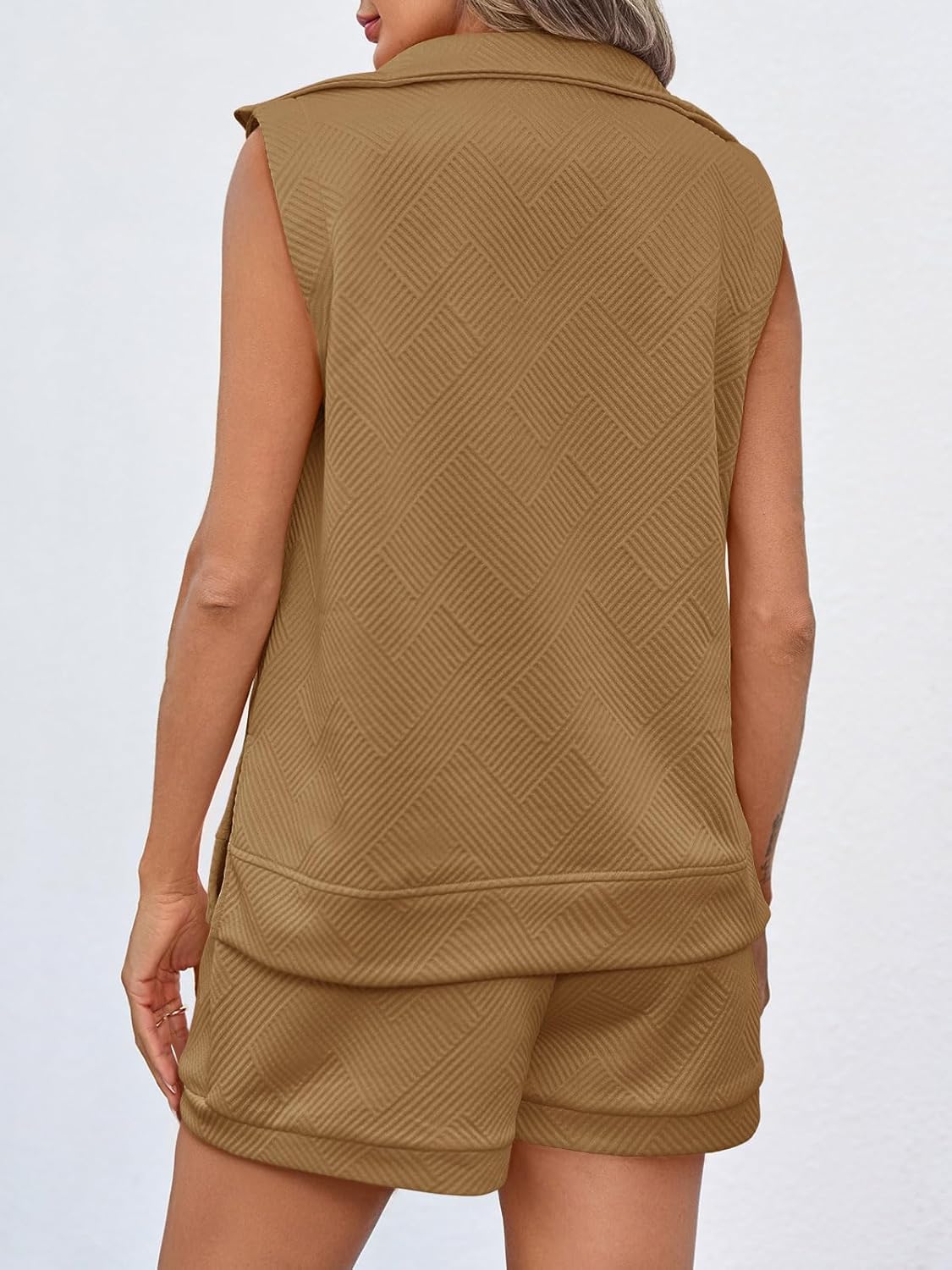 Tankaneo Womens 2 Piece Outfits Short Sets Half Zip Sleeveless Tops and Drawstring Shorts Loungewear Sweatsuit Set - Image 5