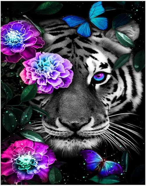 DAERLE Diamond Painting Tiger, Diamond Painting Kit for Adult, DIY Diamond Art Kits, Full Round Diamond Art, Flower Diamond Painting by Number Kit, Diamond Picture Arts for Home Wall Decor 30x40cm