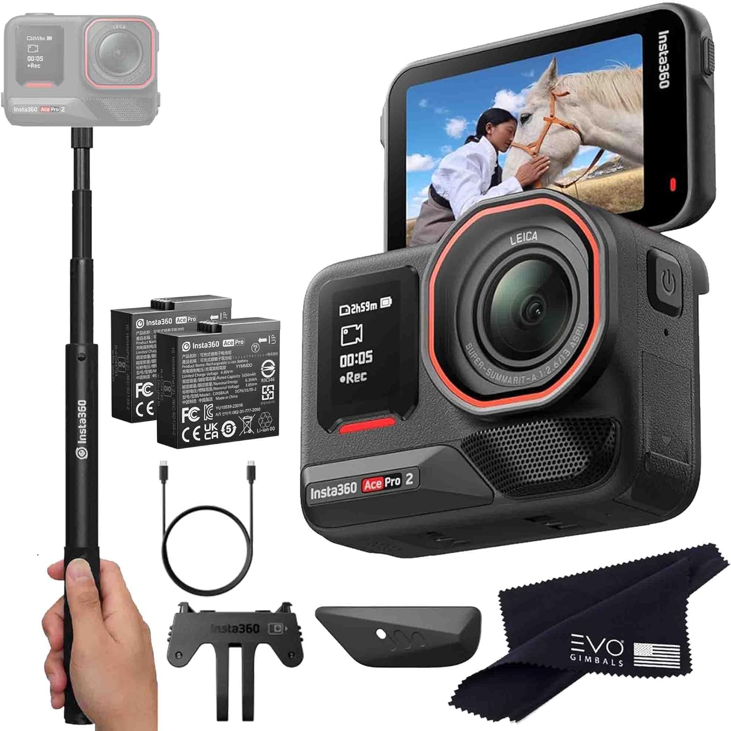 Insta360 Ace Pro 2 Basic Bundle- 8K Waterproof Action Camera Co-Engineered with Leica, Flagship 1/1.3" Sensor, 8K30, 4K60fps, Active HDR, 2.5" Flip Screen|Includes Invisible Selfie Stick