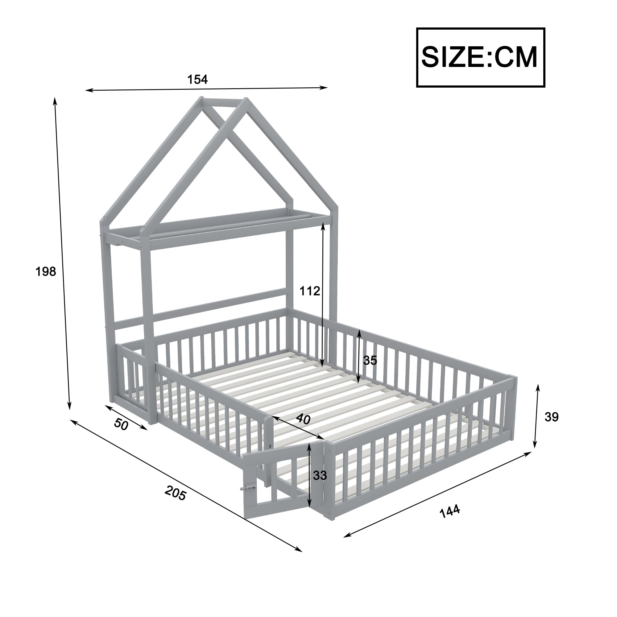 Merax Lit Enfant 140x200 cm Cabane au Sol avec Protection Antichute Sommier à Lattes Gris