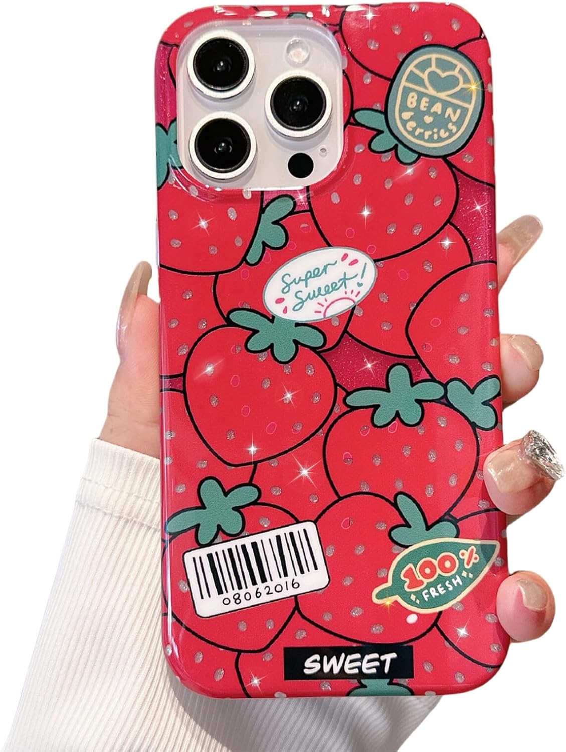 Magnetic for iPhone 15 Case, Glittery Spakle Cute Strawberries [Compatible with Magsafe] [Scratch-Resistant FIM Tech] [Military-Grade Protection] Luxury for Women Girl, Pink