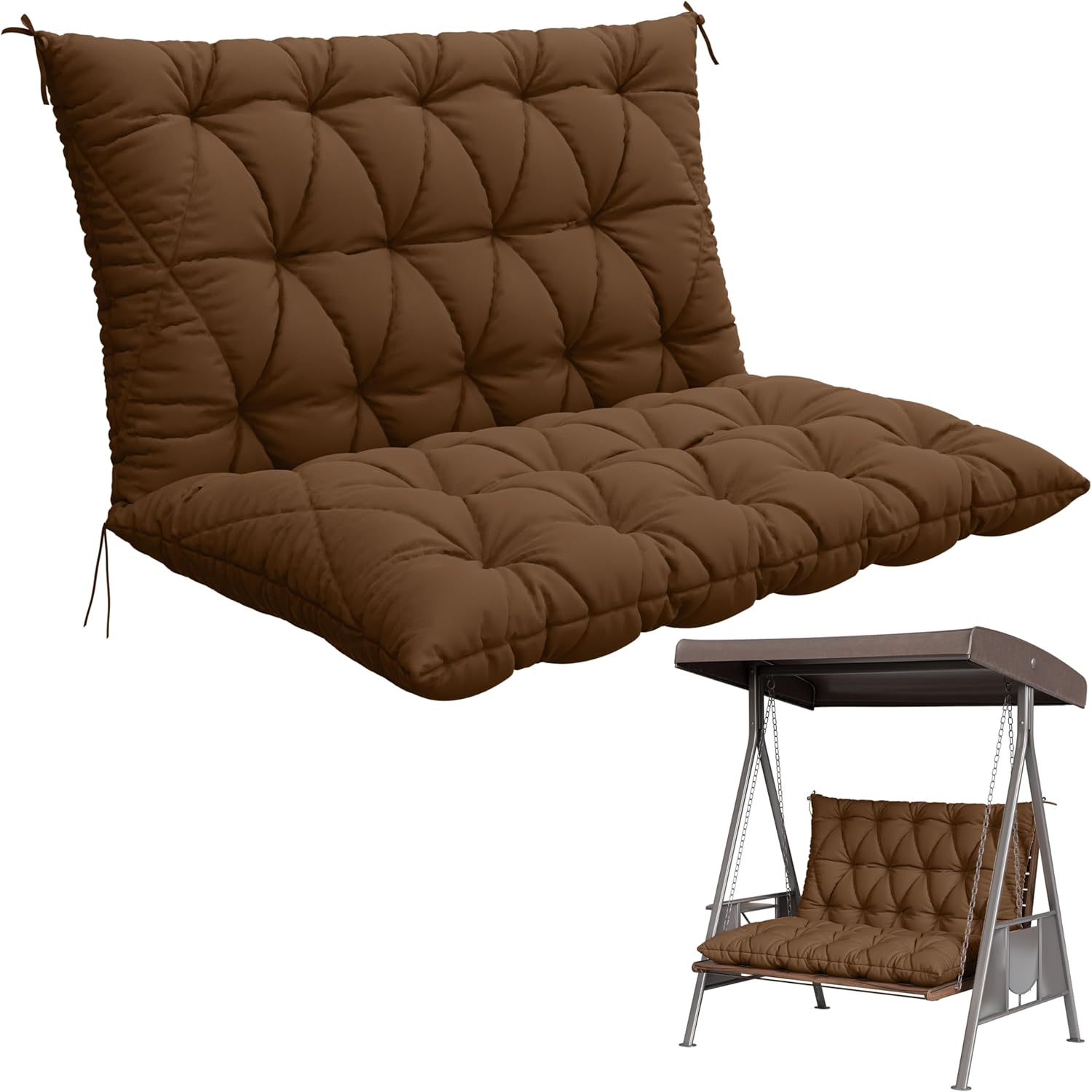 Porch Swing Cushion with Backrest,Waterproof Bench Cushion for Outdoor Furniture,2-3 Seater Replacement Thickened 5 in swing cushion,with Ties,Patio,Outdoor,Backyard and Garden (Chocolate,47x40 in)