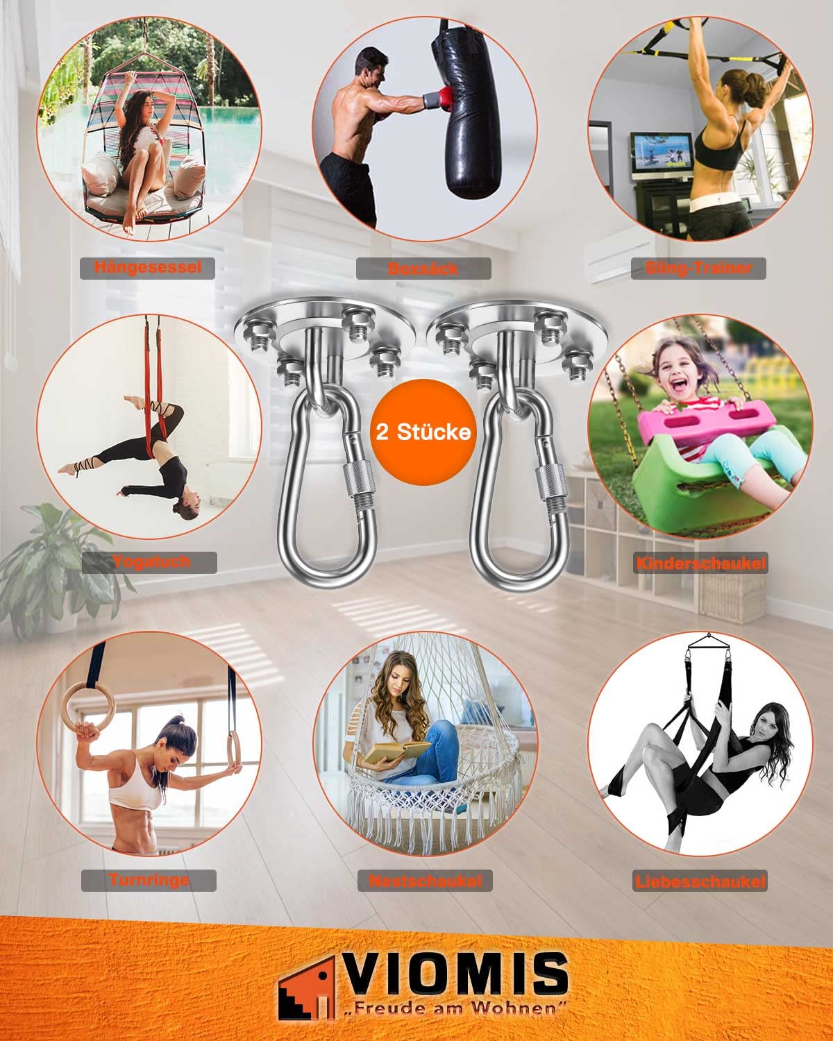 Gancio da soffitto in acciaio inox per sacchi da boxe [set da 2] – Portata 400 kg – Supporto per sacco da boxe – Ideale supporto da soffitto per sacco da boxe