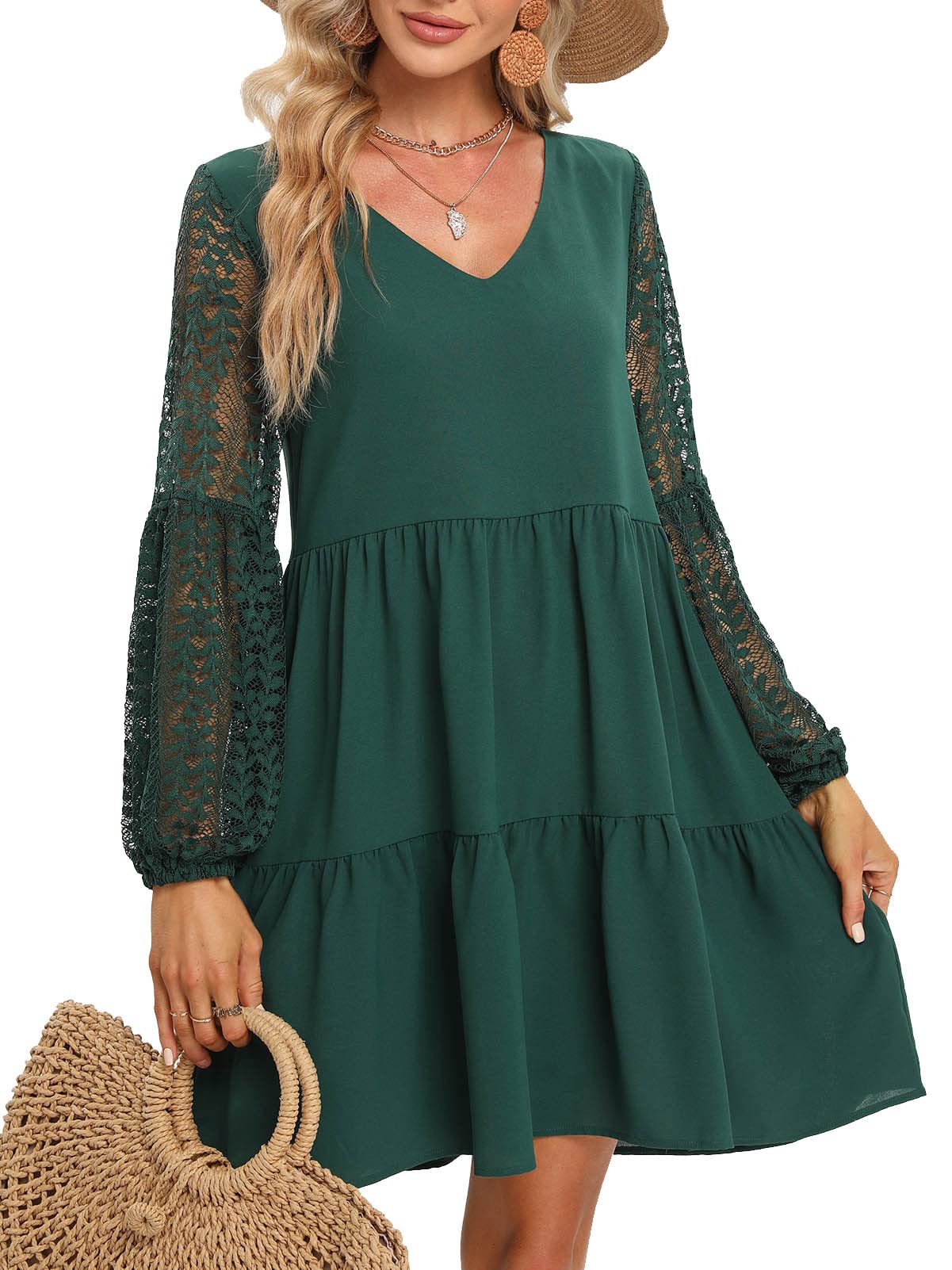 LATH.PIN Vestiti Donna Estivi Eleganti Maniche Lunghe Pizzo Vestito Donna con Tasca Scollo a V Sexy Vestito da Cerimonia Casual Abito da Spiaggia