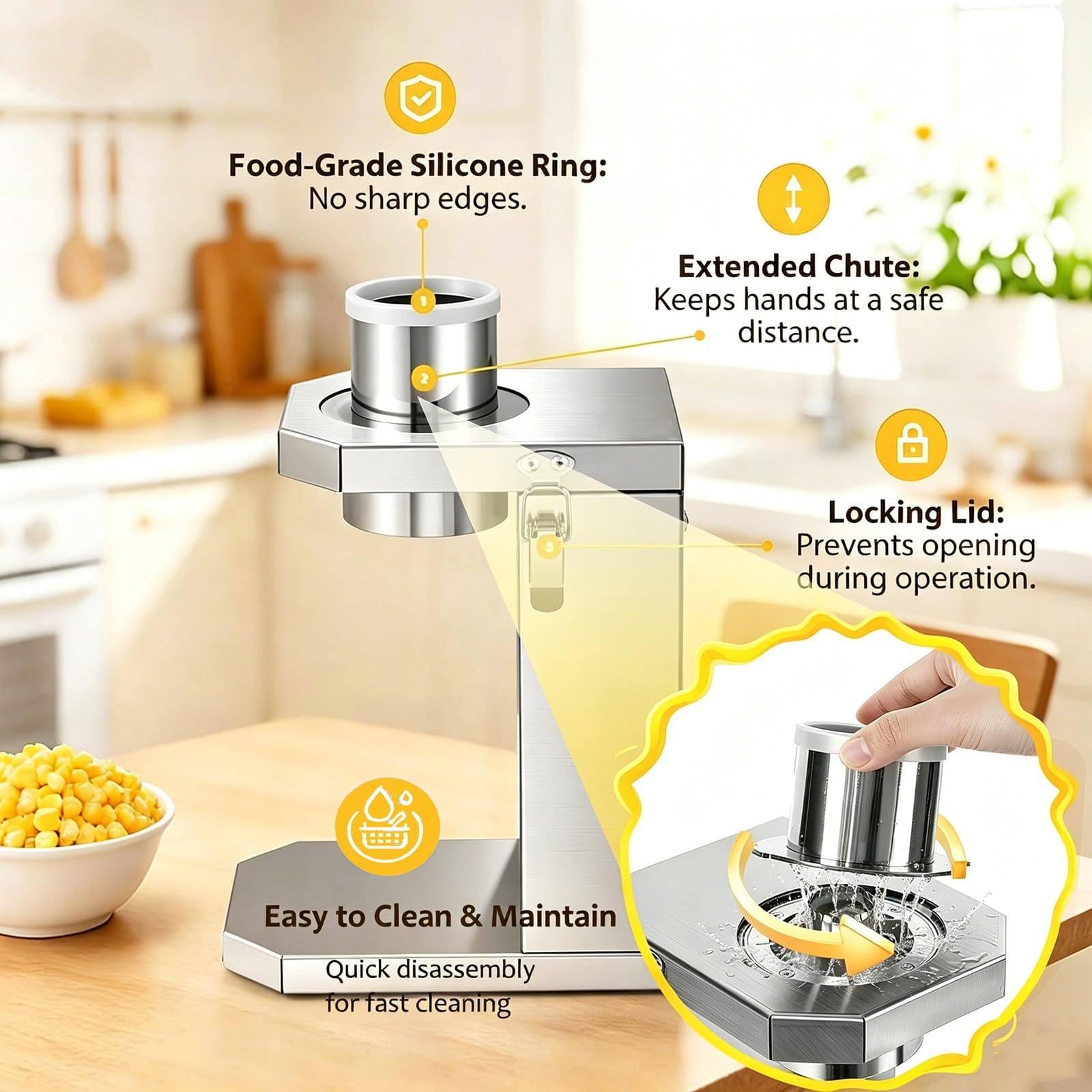 40W Automatische Maisentkerner-Maschine, 6,5 cm Schacht | Schneller Elektrischer Entkerner aus Edelstahl. Perfekt für Imbissstände, Konserven und Gastronomie.