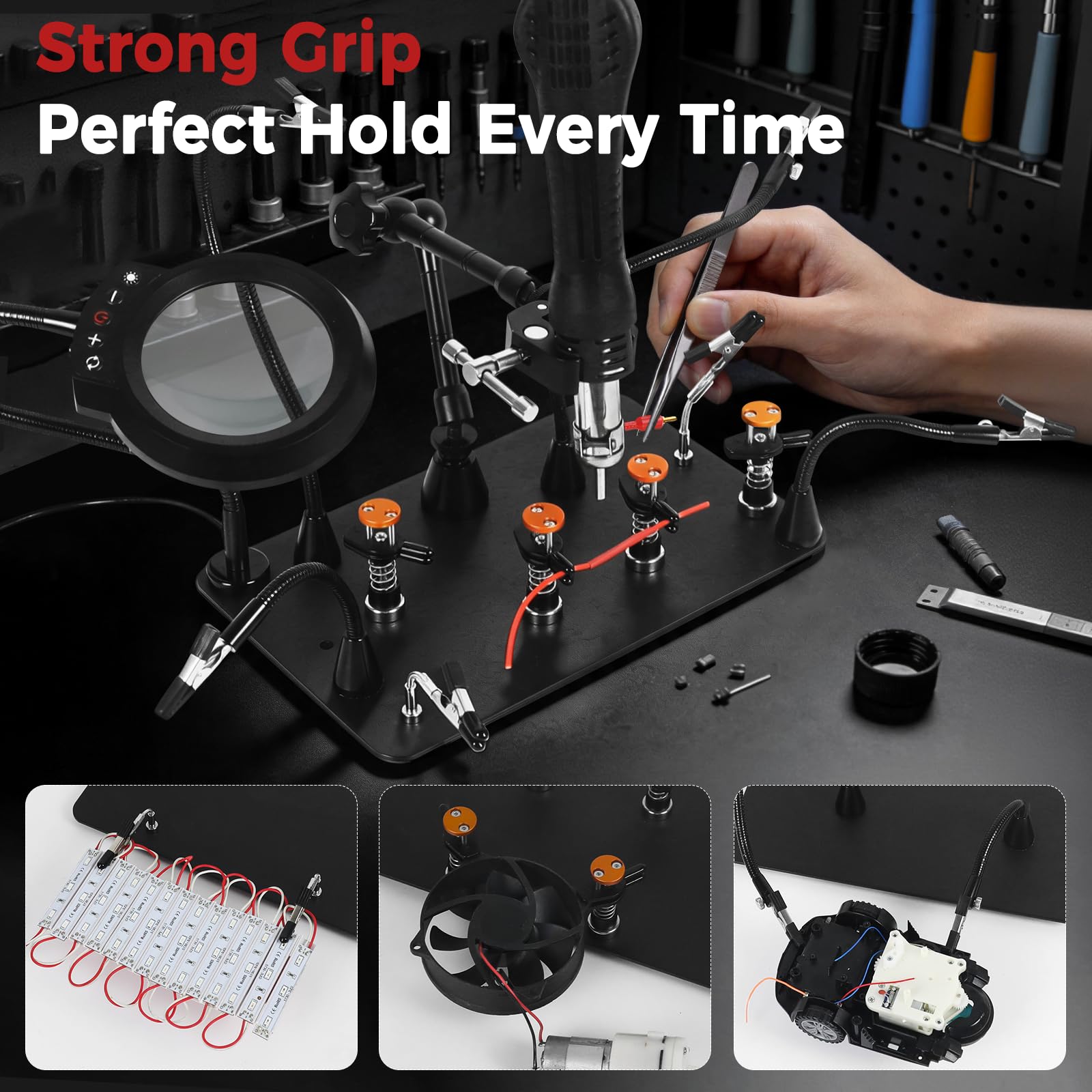 NOEVSBIG Stazione di saldatura Helping Hands con lampada di ingrandimento 5X, super morsetto a 360°, 4 morsetti a mano, bracci flessibili, strumento di terza mano per riparazione elettronica PCB fai