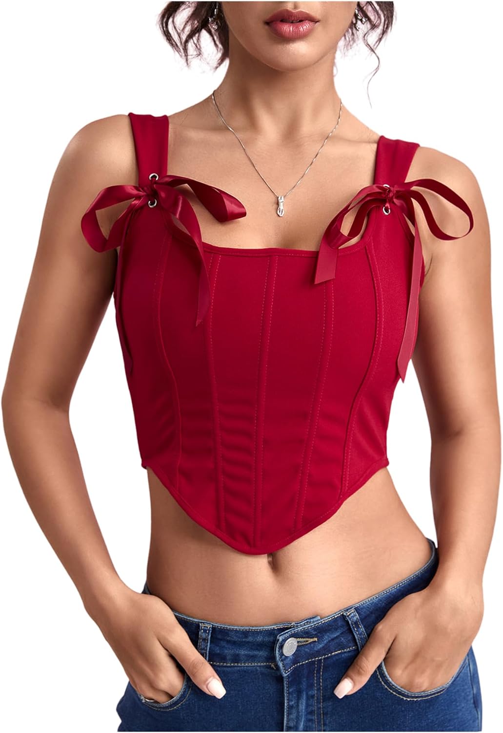 SHENHE Women's Bow Tie Lace Up Vintage Corset Bustier Backless Fitted Sleeveless Crop Tops