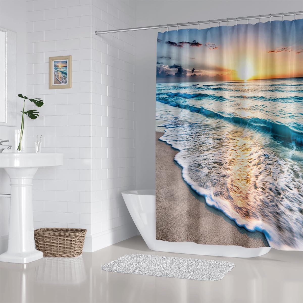 Ocean Shower Curtain Sand Beach Waves Sunrise Lanikai Theme Colorful Offshore Pacific Scenry Pattern Waterproof Fabric Bathroom Decor Set 72x72 Inch Plastic Hooks 12 Pcs Blue