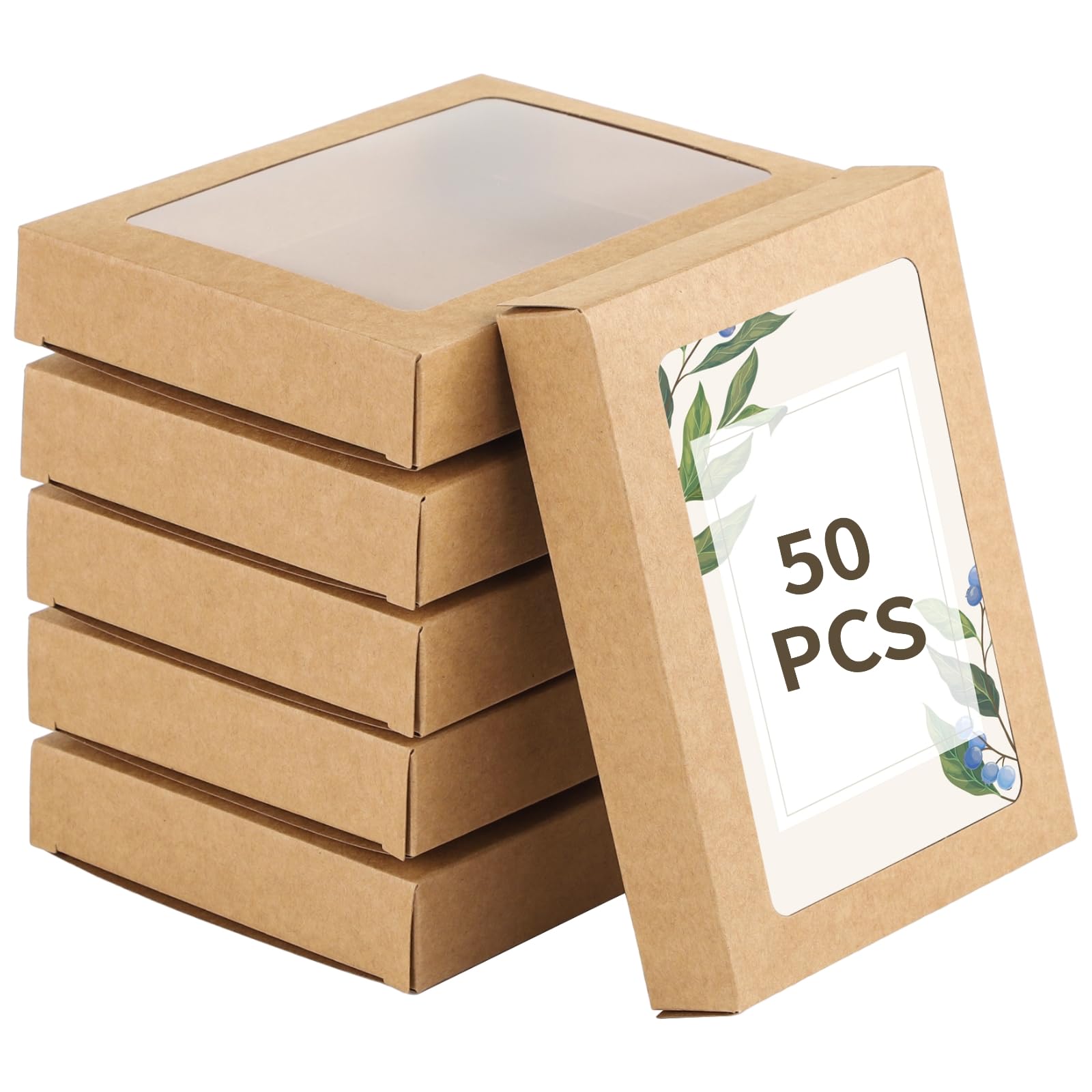 Packool Kraft Paper Boxes with Transparent Window, Greeting Card Envelope Applicable Bulk Frame Photo Storage Boxes, 5.39 x 7.36 x 1 Inches, 50 PCS Greeting Card Storage Boxes