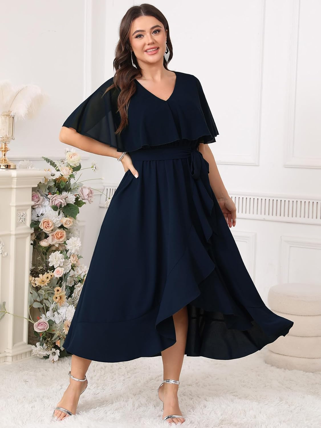 Women Plus Size Long Formal Dress Short Sleeve Chiffon Ruffle V Neck High Low Split Wedding Guest Maxi Dresses - Image 5