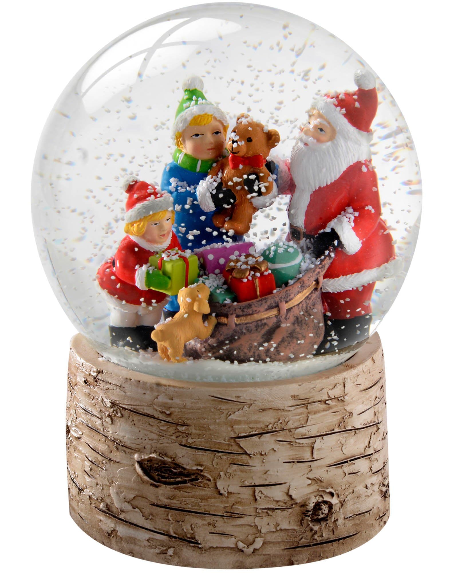 WeRChristmas Santa Children and Puppy with Birch Base Snow Globe Christmas Decoration - 13 cm, Multi-Colour