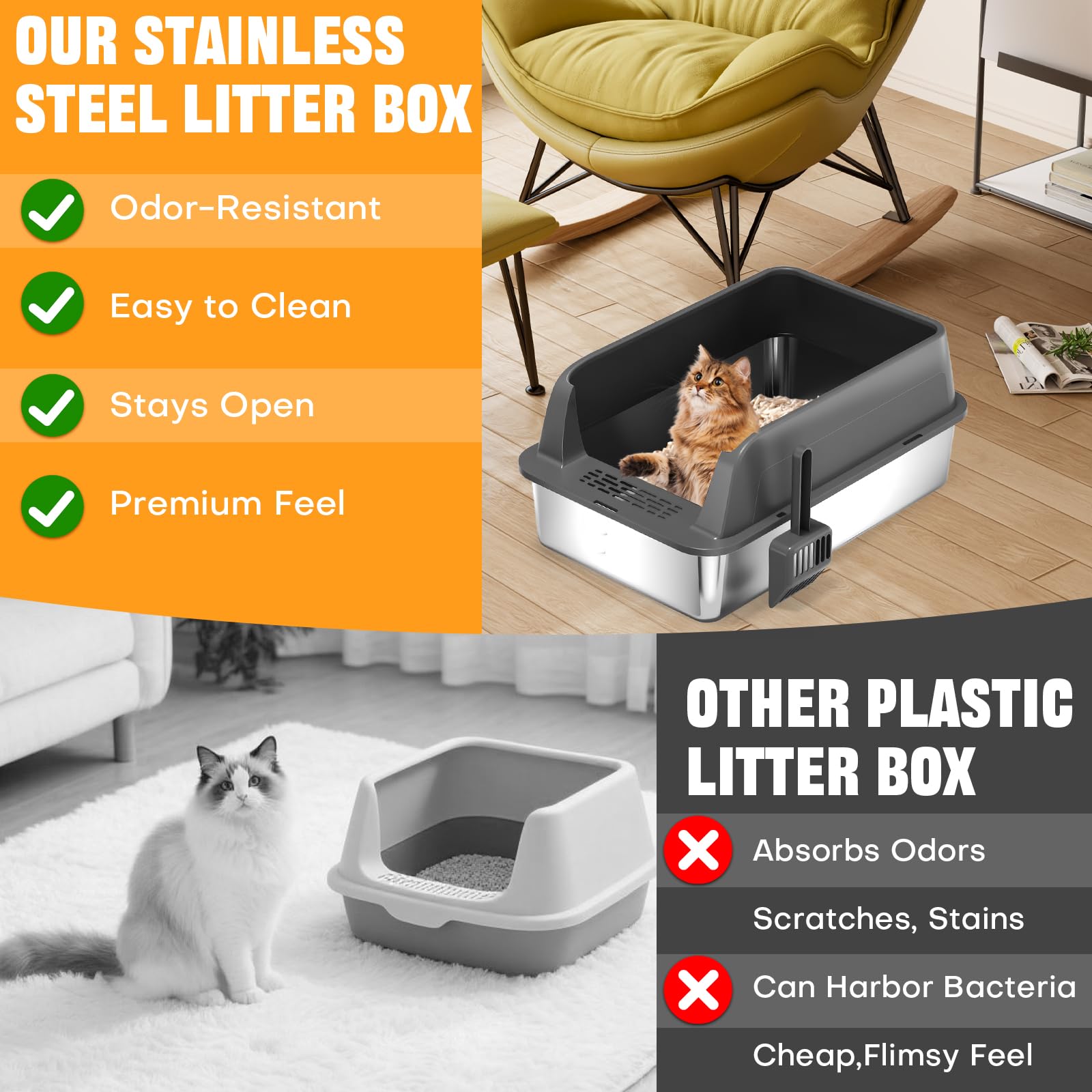 Homegroove Juego de 2 cajas de arena para gatos de acero inoxidable, 58 x 38 x 28 cm, XL, metal, para gatos grandes, con tapa y borde alto, incluye pala, fácil de limpiar (gris oscuro)