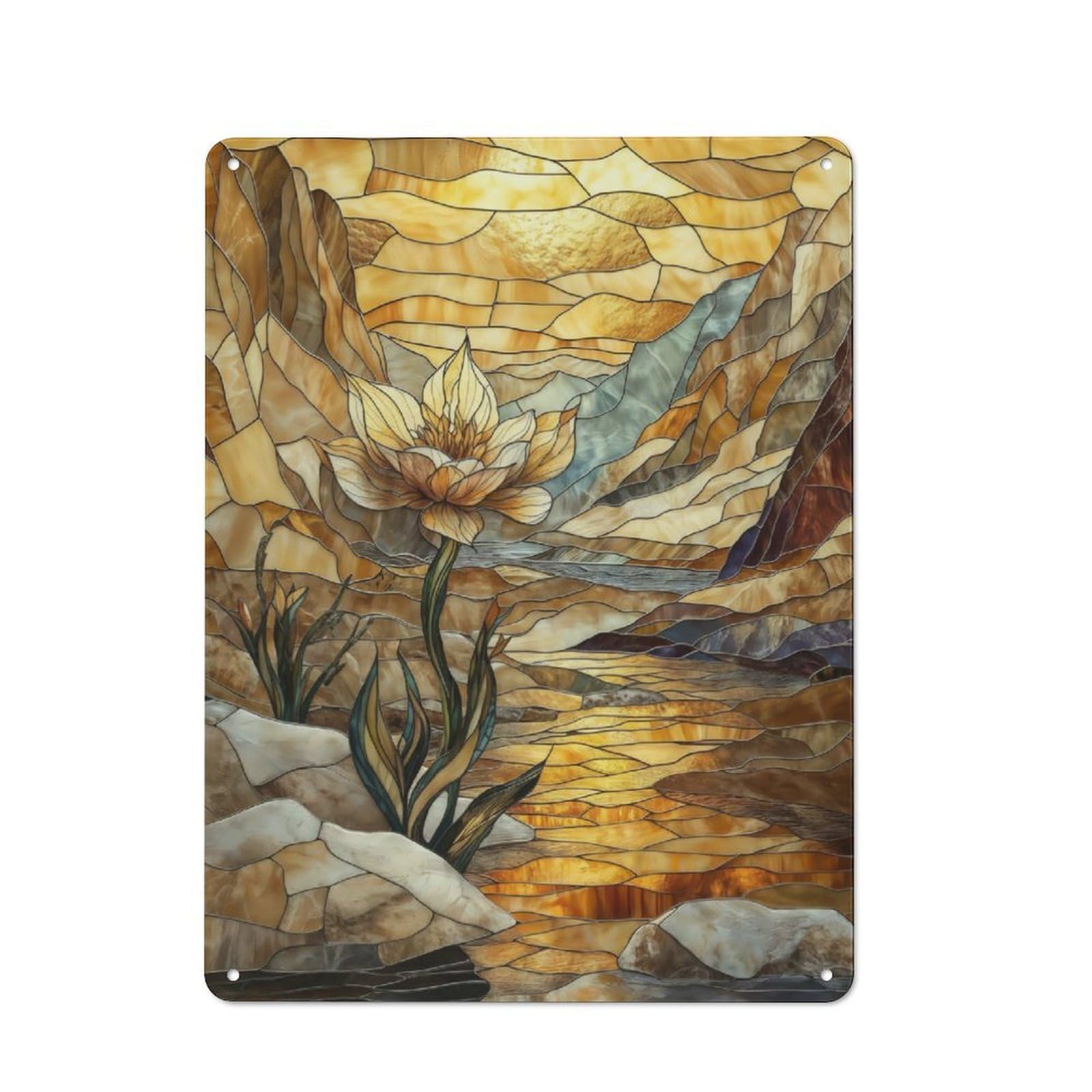 Junmoney Stained Glass Flower Landscape Vintage-Inspired Tin Sign 40X30cm For Garage Or Workshop, For Garage, Workshop And Man Cave Decoration