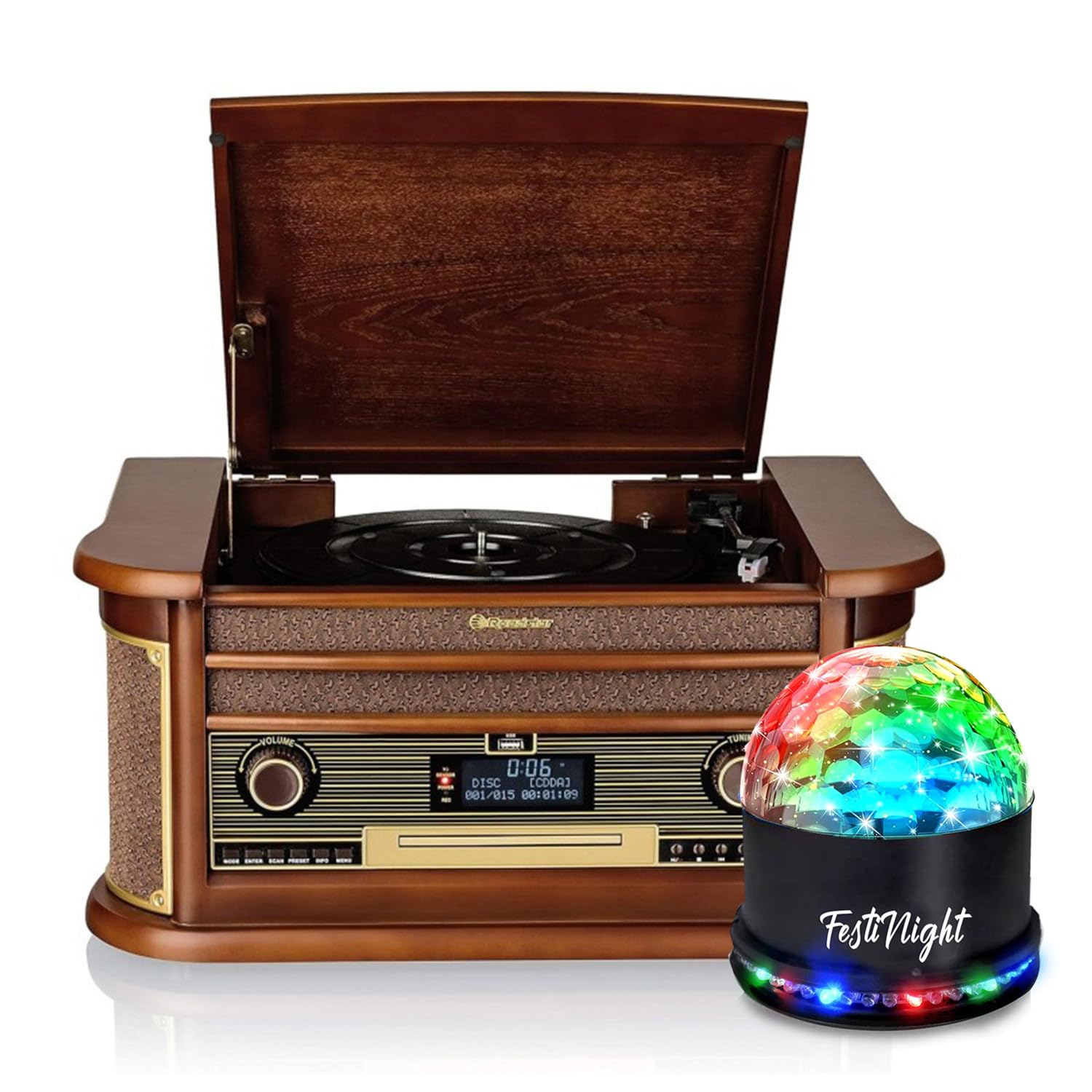 Platine vinyles Tourne-disques Roadstar Vintage HiFi rétro Bois 33/45/78 TR, Radio Dab+/FM, CD-MP3 Cassette, Bluetooth, USB, LED