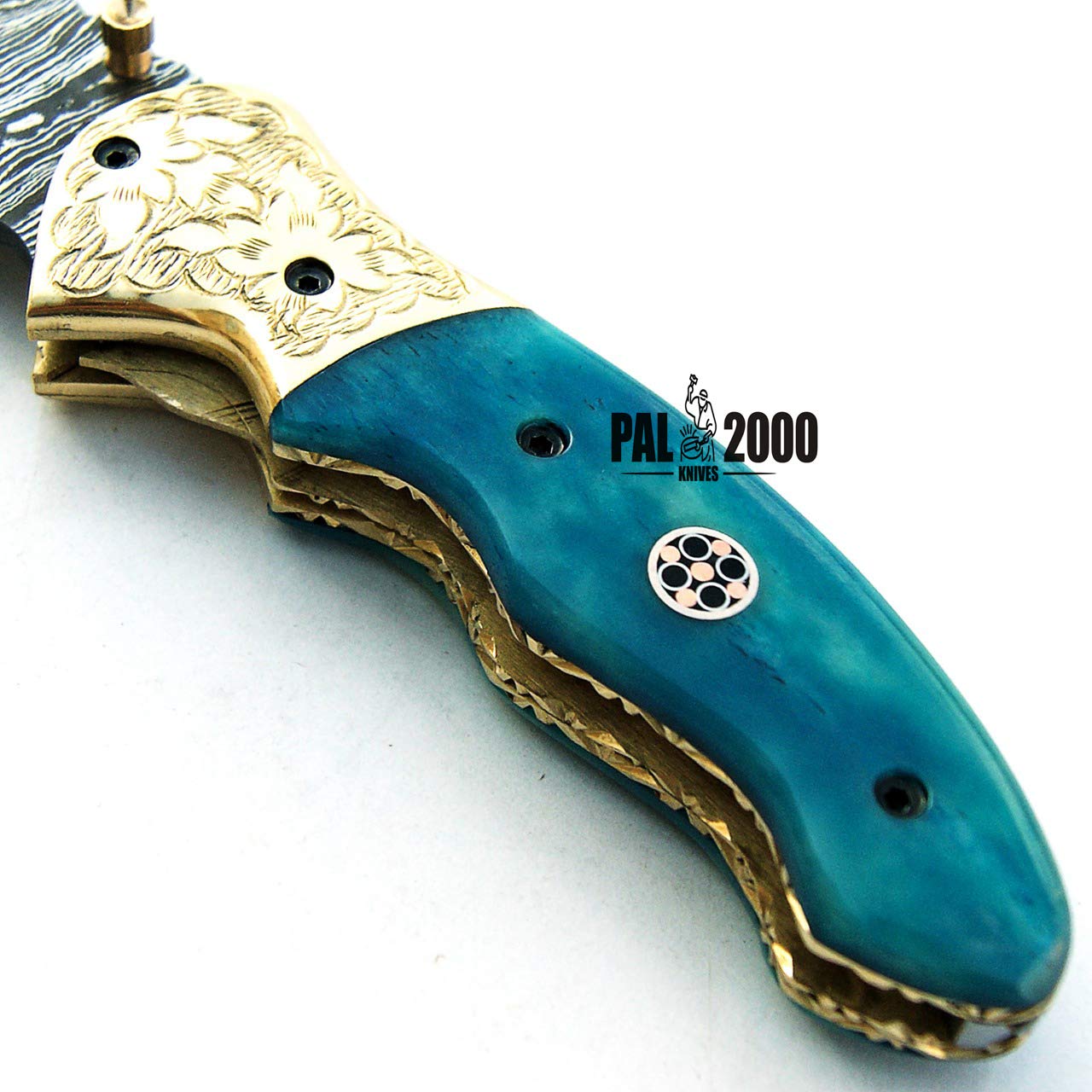 PAL 2000 SBRM-9418 Coltello Pieghevole in Acciaio con Lama in Acciaio Damasco con Custodia in Pelle 18 CM Maniglia Tinto Biglietto Cammello Chef Camping Cucina Casa da Pesca Giardino