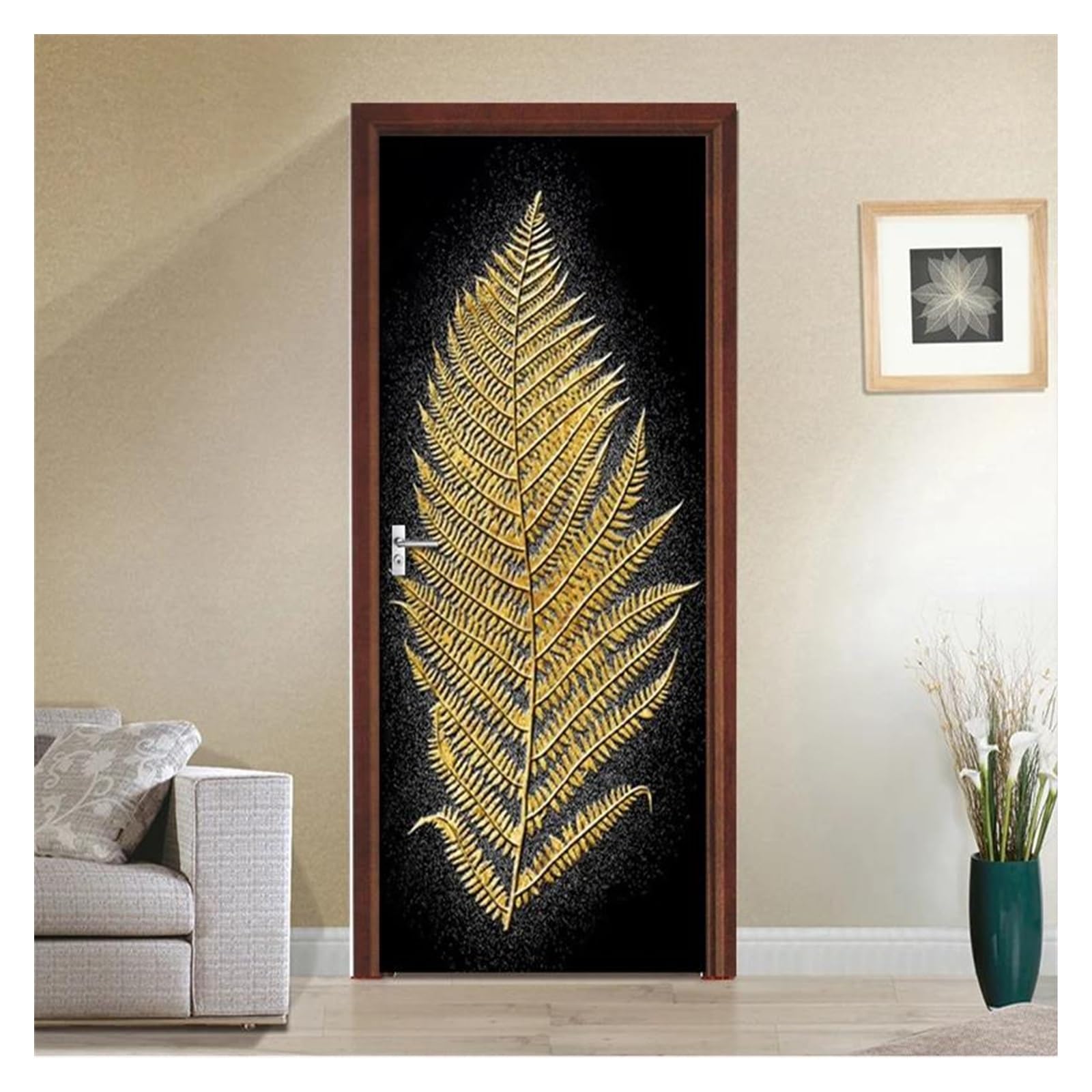 Sticker de porte PVC feuilles dorées pour illuminer votre salon d'une ambiance jungle chic