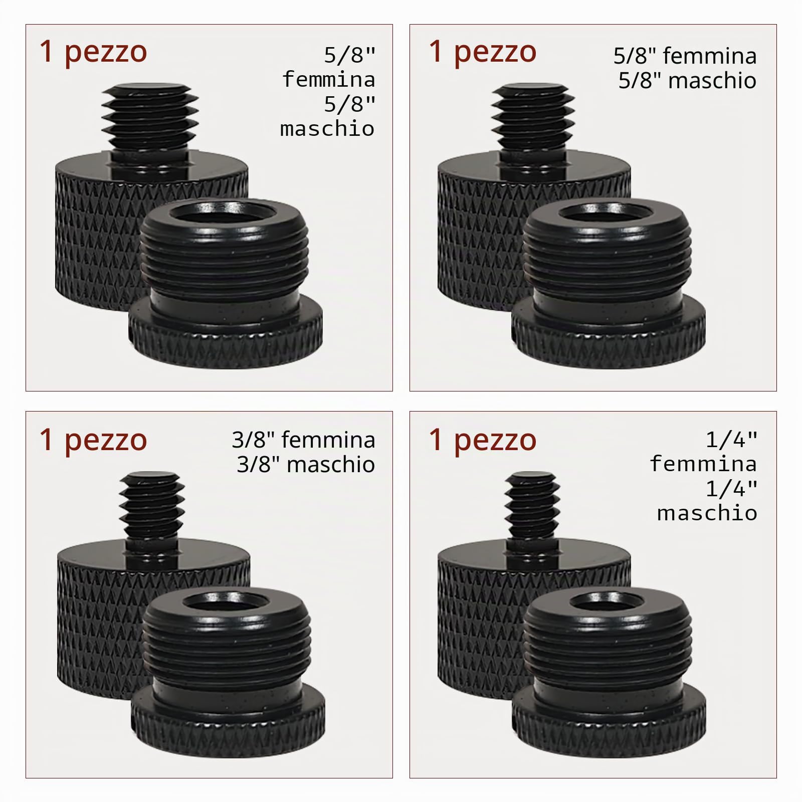 8 pezzi a 5/8to3/8, 3/8to5/8, 5/8to1/4, 1/4to5/8 femmina x filettatura maschio per supporto microfono a adattatore treppiede fotocamera