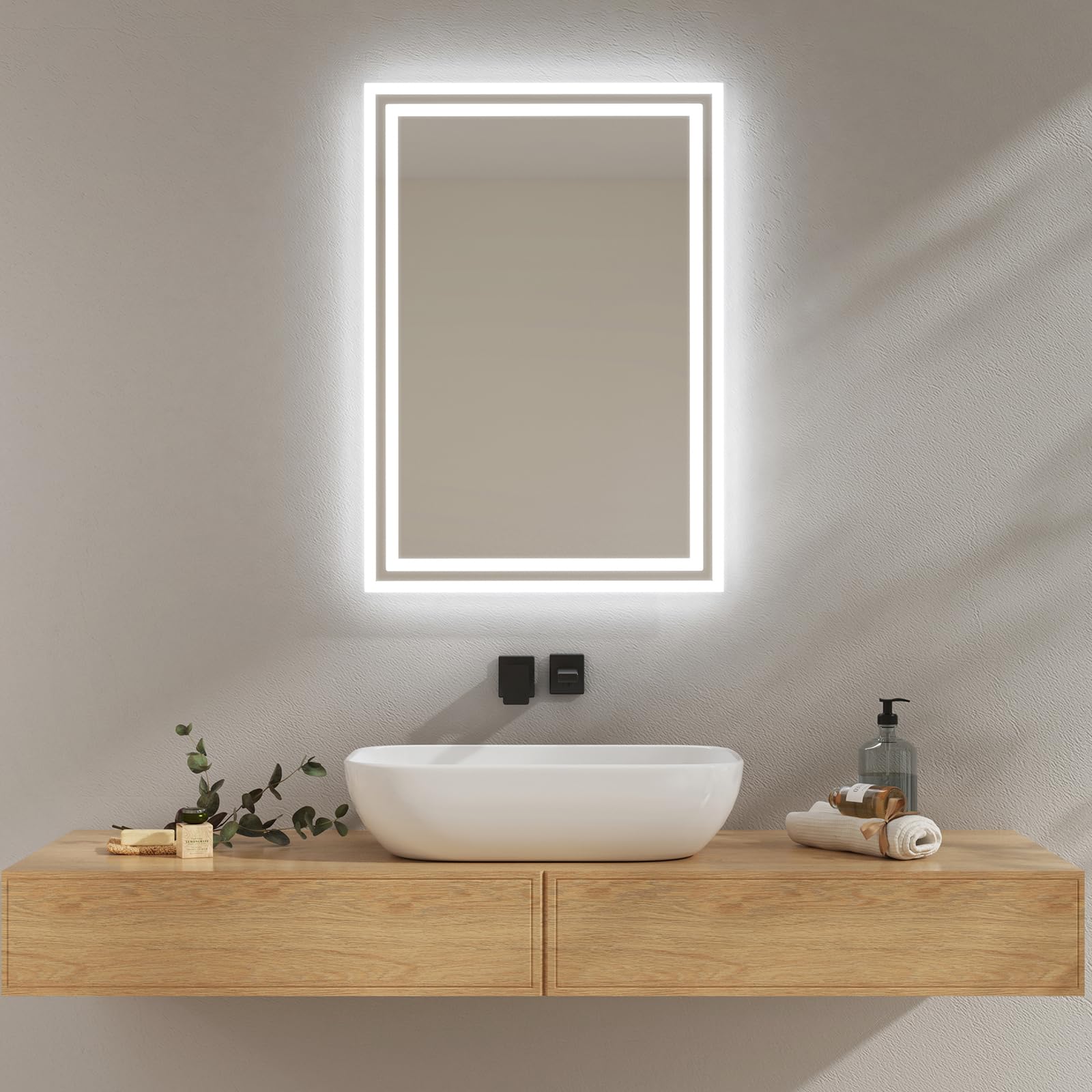 EMKE Espejo Baño con Luz Led, 50x70 cm, Antiempañante, Espejo de Baño,2 temperaturas de Color (Blanco cálido/Blanco frío), Interruptor de Palanca, Horizontal/Vertical, Espejo LED, IP44.