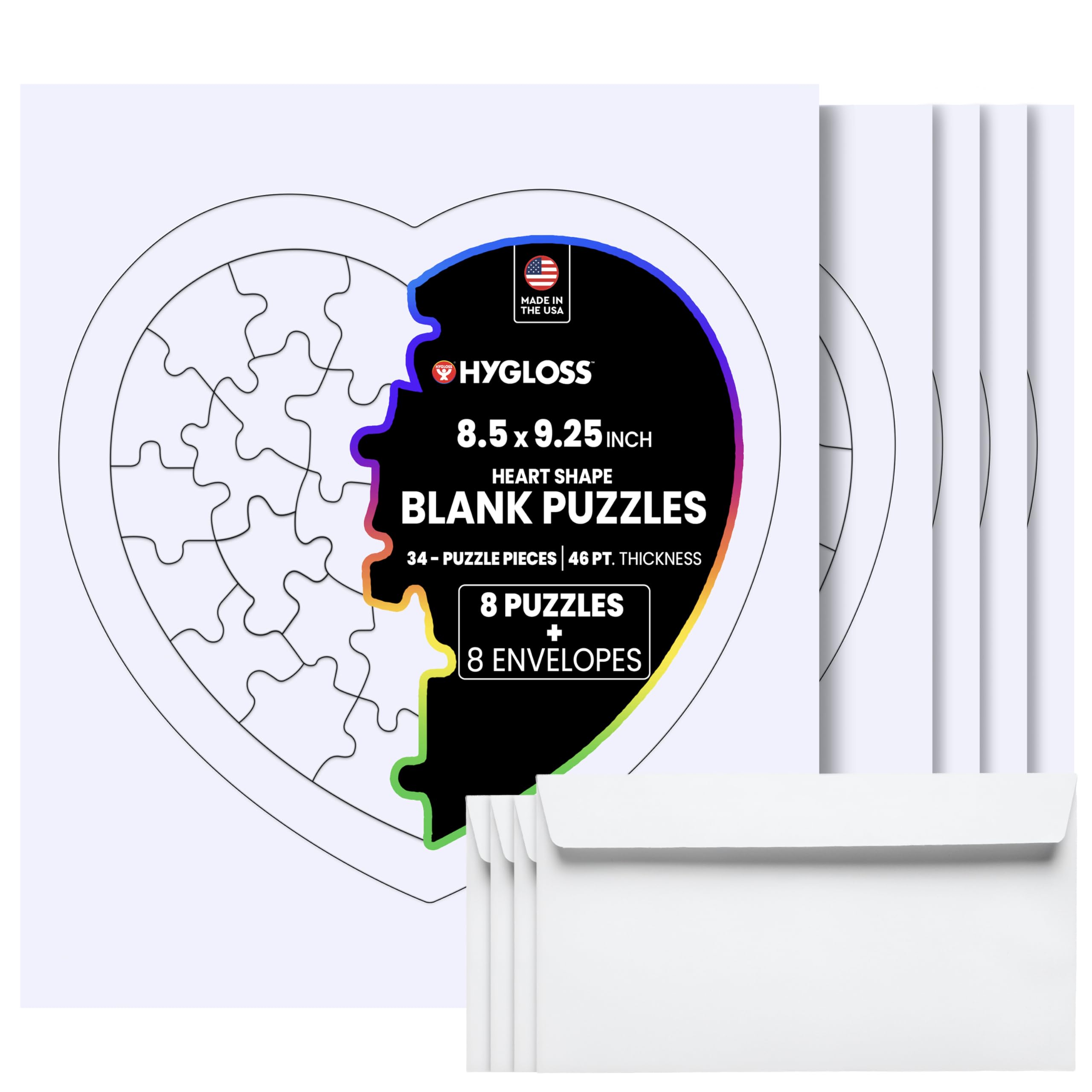 Hygloss 8 Blank Heart Puzzles with Envelopes – 8.5 x 9.5 Inches with Surrounding Frame – Ideal for Valentine’s Day Crafts – Write, Draw, and Decorate