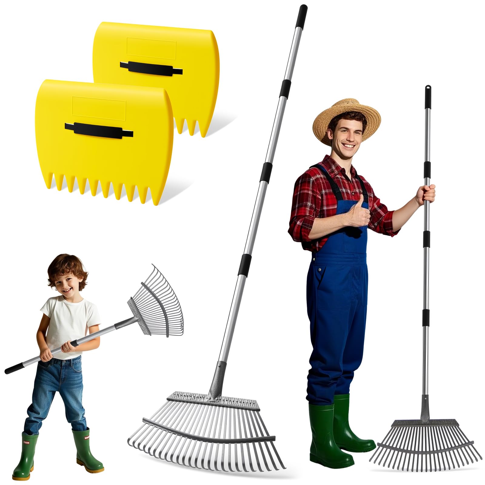 25-Zinken Garten Rechen für Laub, Rasen & Gras, Verstellbarer Langer Stiel Laubrechen, Breiter Metall-Rechenkopf, Ergonomisches Design, Effiziente Reinigung Laubsammler für Garten, Rasen, Moos