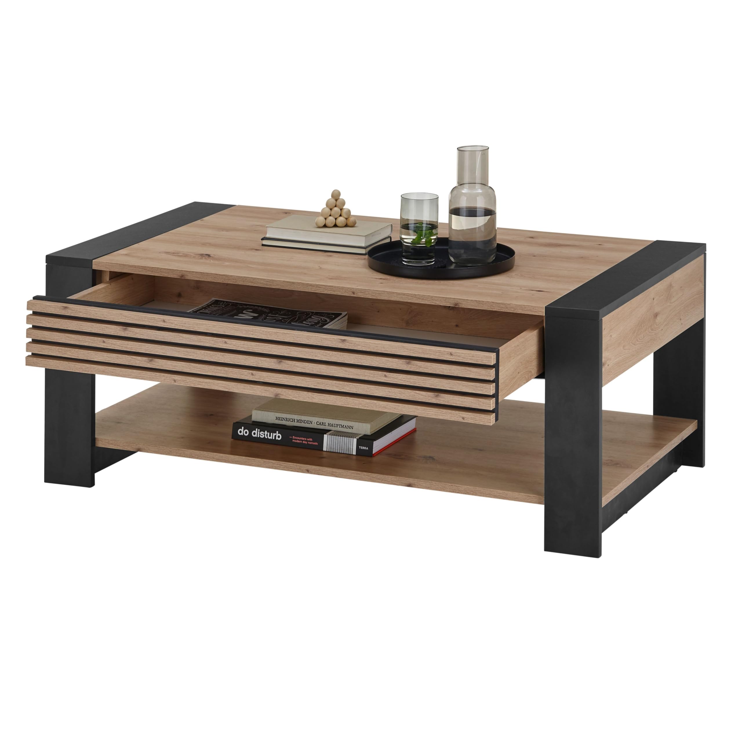 Tavolino Da Caffè ML-Design In Stile Rustico - Piano Rovere, Ripiano Portaoggetti, Acciaio - Foto 6