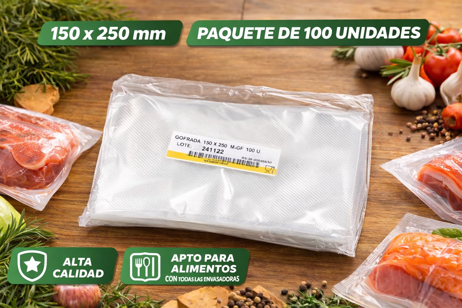 Envases y Más Bolsa De Vacío Gofrada Para Alimentos Compatible Con Máquinas De Envasado Domésticas Sellado Hermético Alta Resistencia Apto Sous Vide Y Conservación Prolongada (150/250 mm 100 Bolsas) — view 6