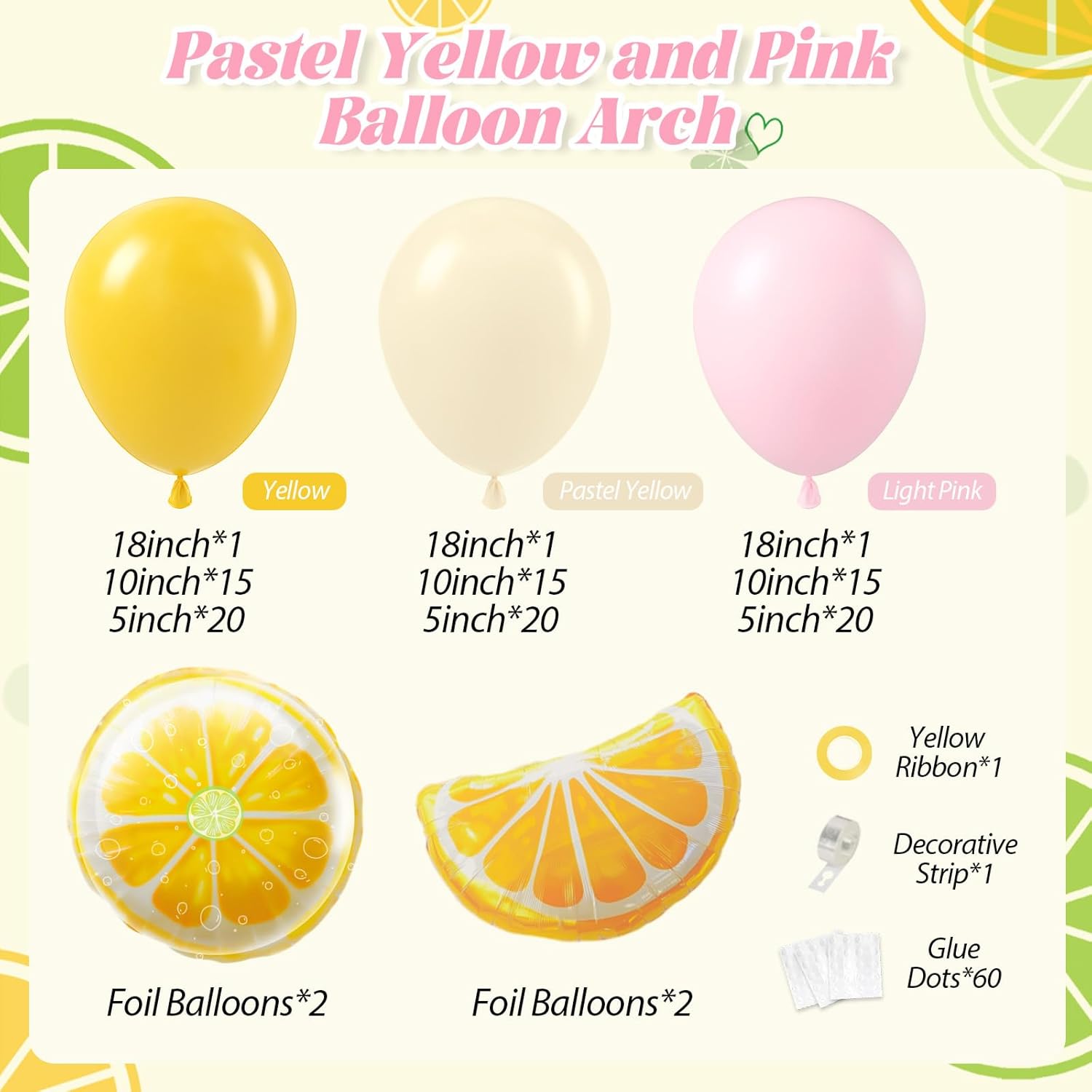 Lemon Balloon Arch, Pink and Yellow Balloon Arch Kit with Pastel Yellow Light Pink Foil Balloons for Lemon Baby Shower Bridal Shower Birthday Party Decorations