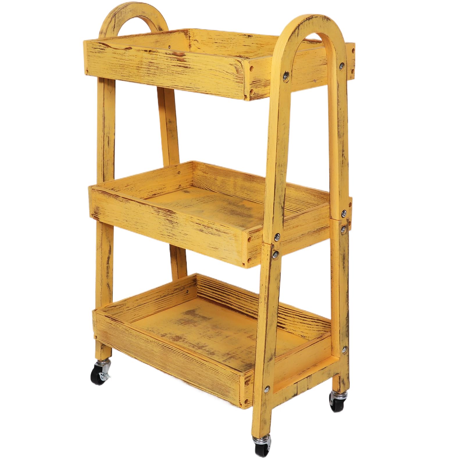 Kersiki 3-Tier Wooden Rolling Cart- Wooden Utility Cart wit Wheels- Utility Rolling Cart-Storage Trolley Organizer- Rolling Kitchen Serving Cart for