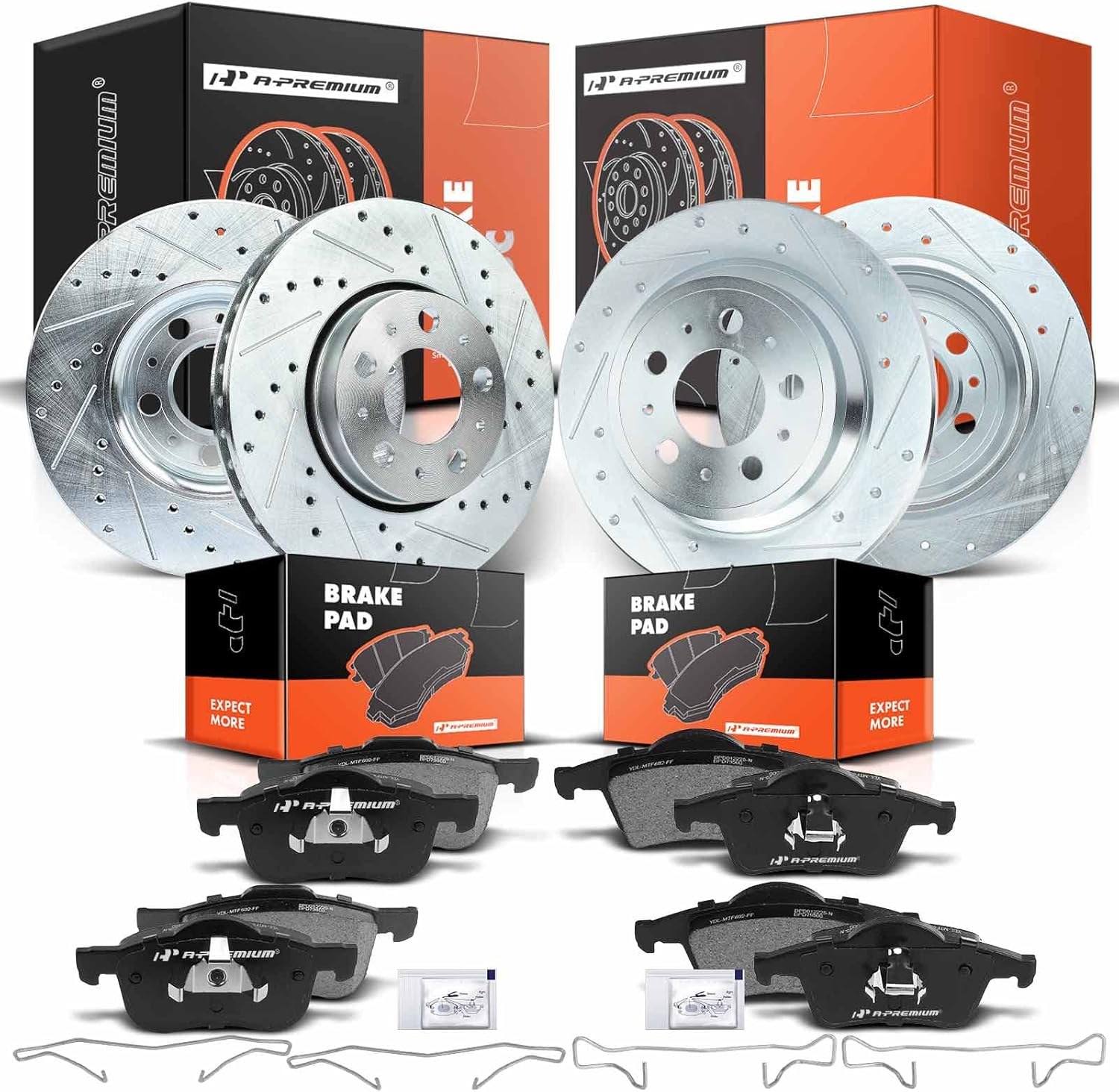 A-Premium Front and Rear Drilled and Slotted Disc Brake Rotors + Ceramic Pads Kit Compatible with Select Volvo Models - S60 2001-2009, S80 1999-2006, V70 2001-2007, XC70 2003-2007, 12-PC Set