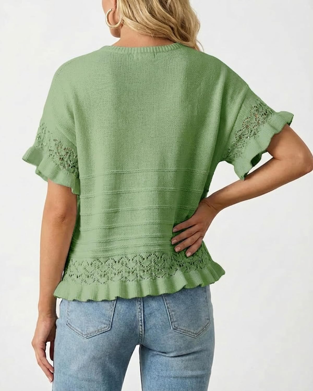 Womens Summer Ruffled Short Sleeve Crochet Blouse Sweater Casual Round Neck Ruffle Knit Pullover Sweaters - Image 5